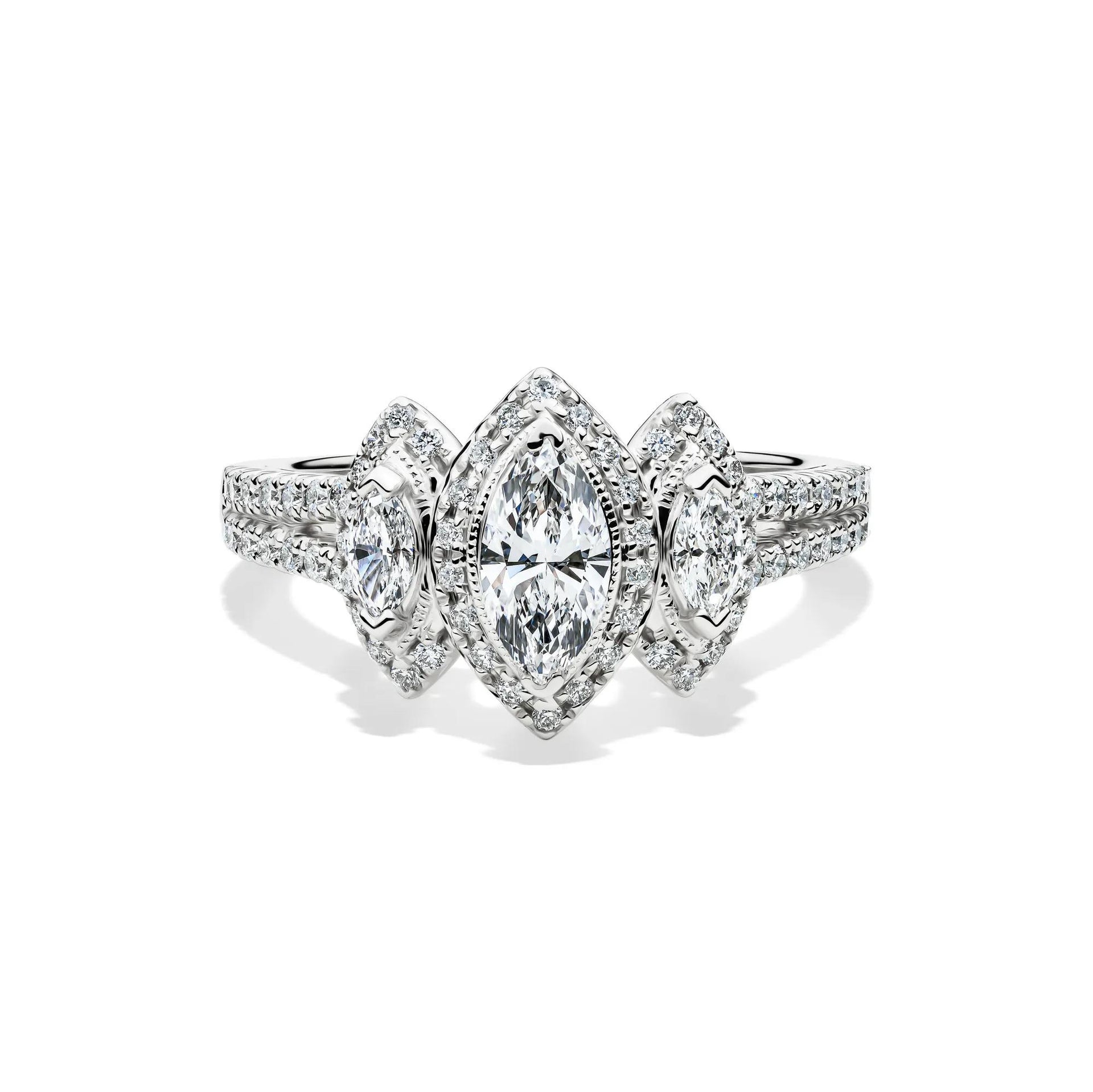 1 CT. Tw. Lab Grown Diamond Marquise Engagement Ring 14K White Gold Round Brilliant Cut Size 7.5 1.5mm