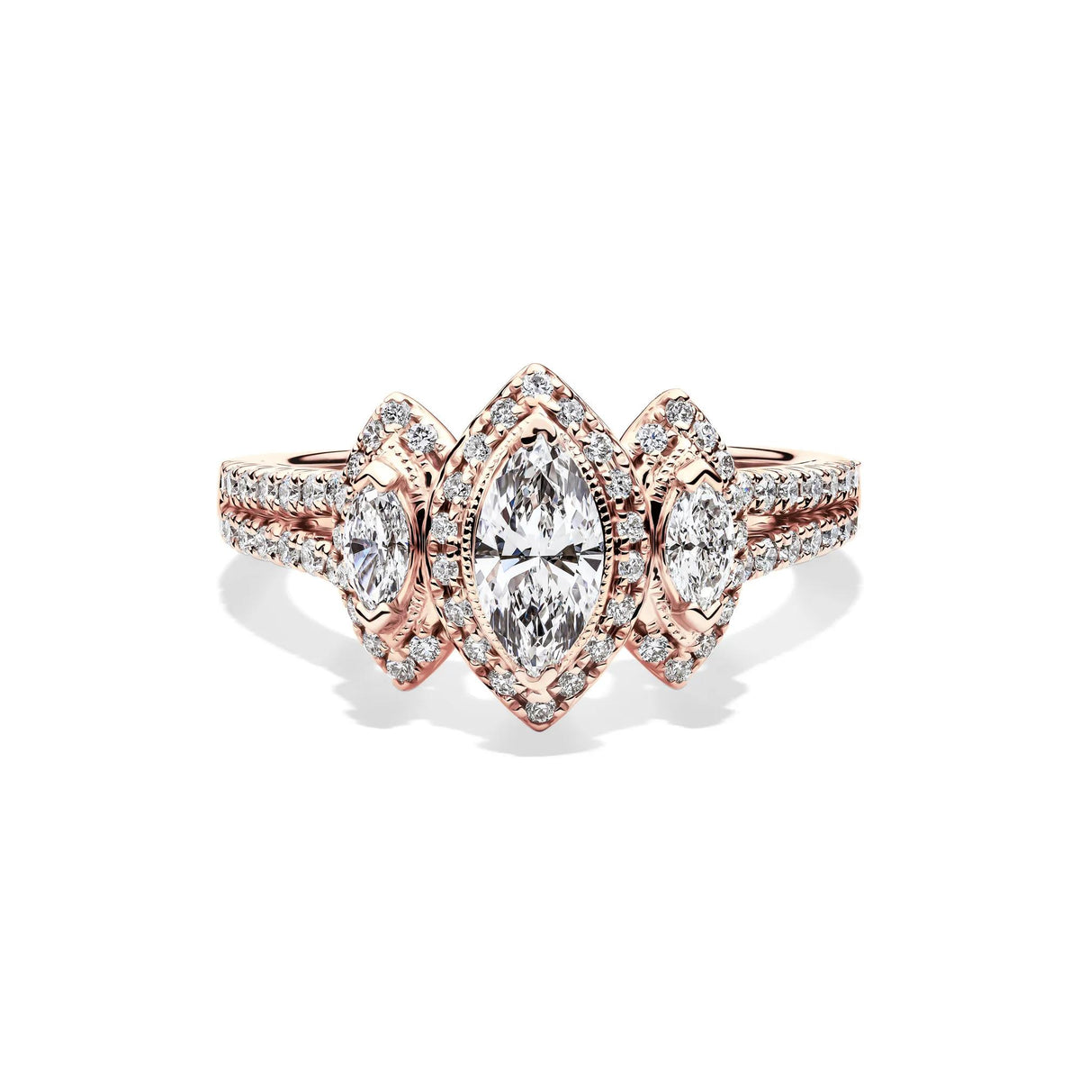 1 CT. Tw. Lab Grown Diamond Marquise Engagement Ring 10K Rose Gold Round Brilliant Cut Size 7.5 1.5mm