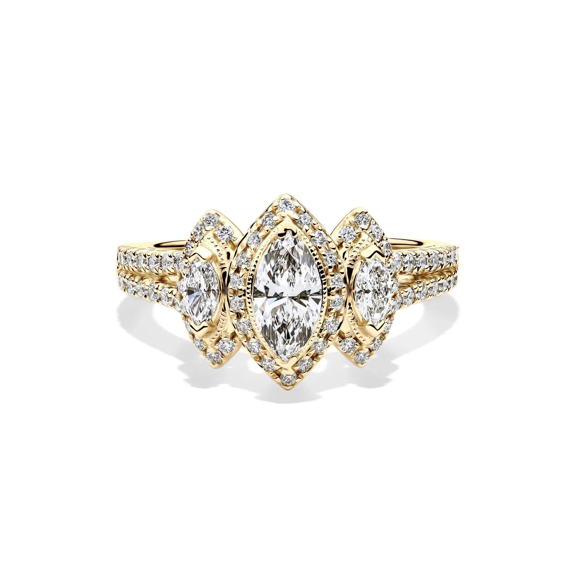 1 CT. Tw. Lab Grown Diamond Marquise Engagement Ring 10K Yellow Gold Round Brilliant Cut Size 7.5 1.5mm
