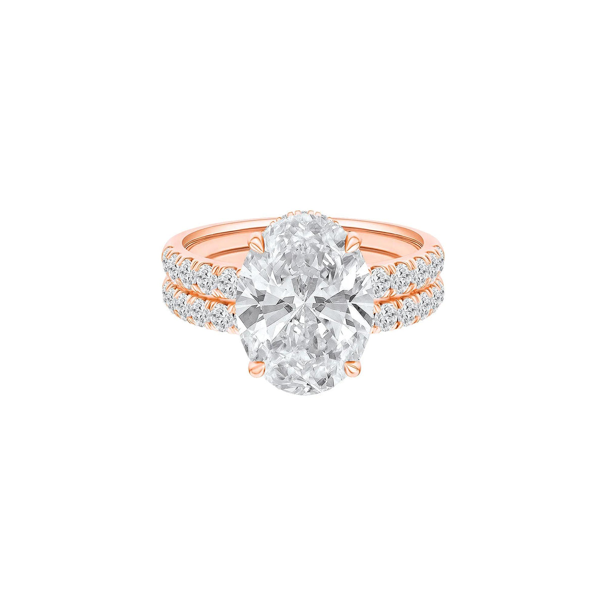 5 CT. Tw. Lab Grown Diamond Oval Bridal Set 14K Rose Gold Ring Round Brilliant Cut Size 8 2mm