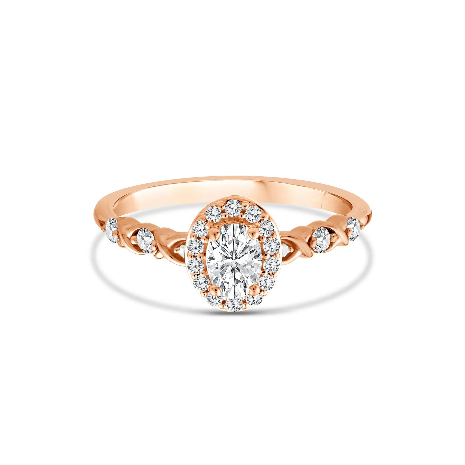 1/2 CT. Tw. Lab Grown Diamond Oval Halo Promise Ring 10K Rose Gold Round Brilliant Cut Size 7
