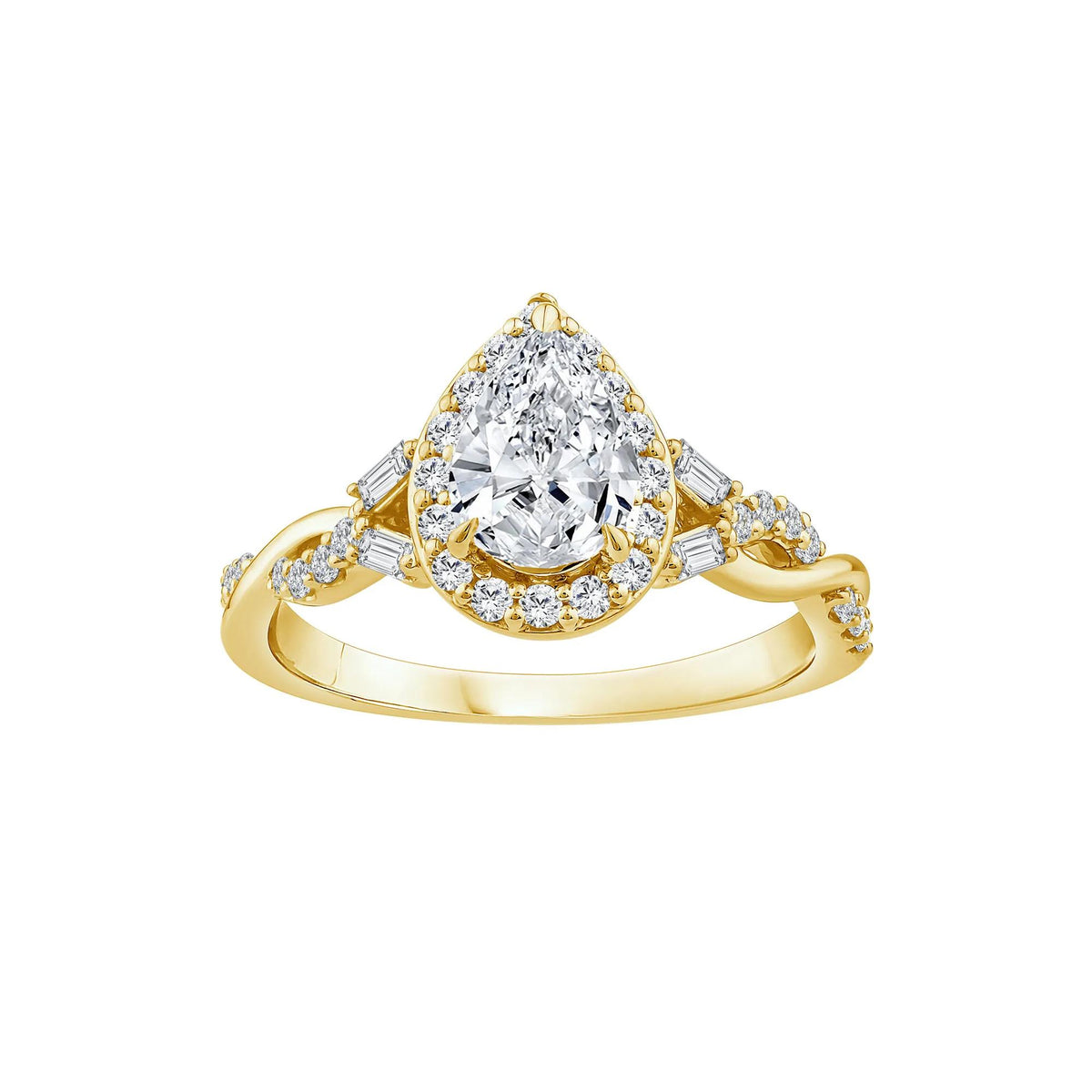 1 CT. Tw. Lab Grown Diamond Pear-Shaped Halo Engagement Ring 10K Yellow Gold Round Brilliant Cut Size 6