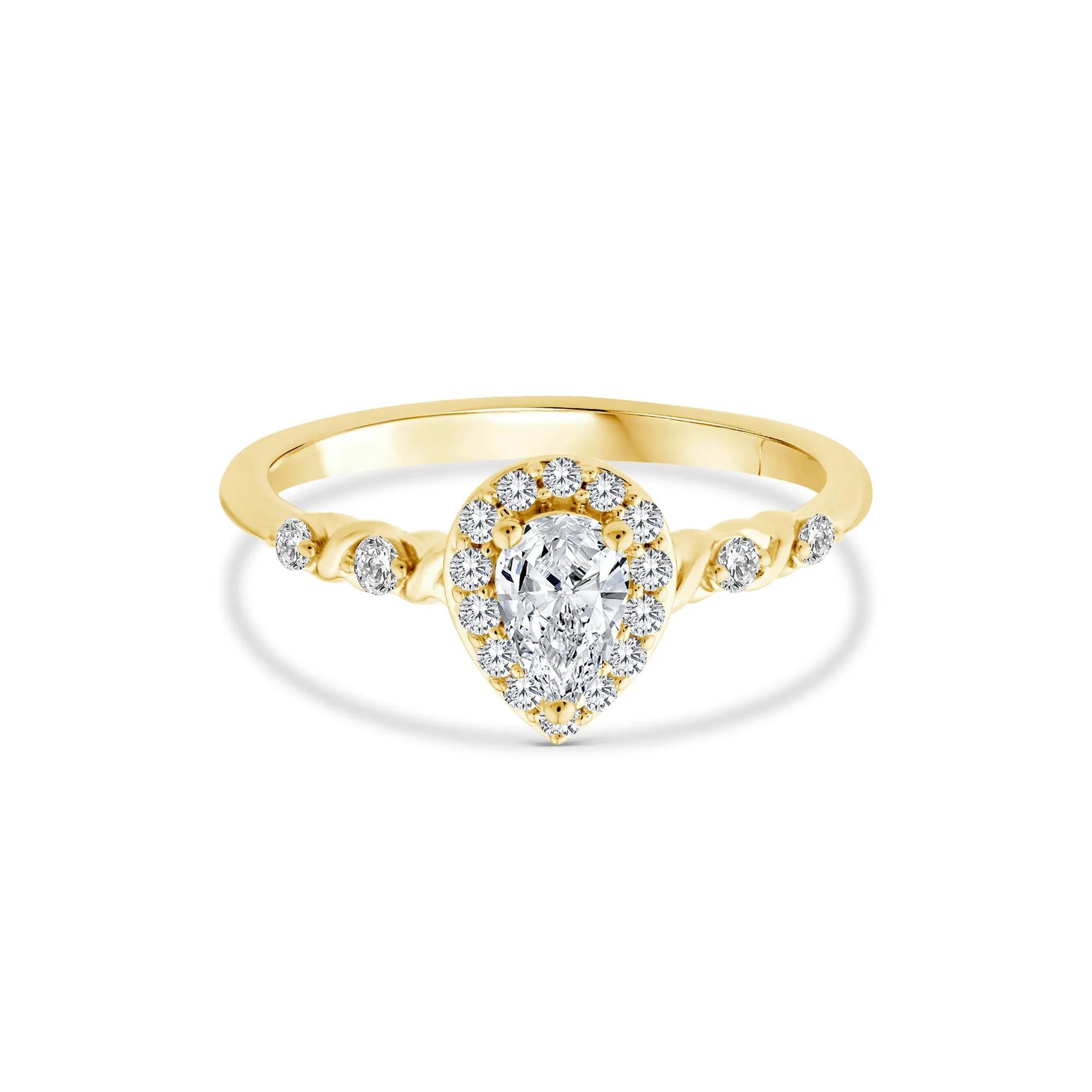 1/2 CT. Tw. Lab Grown Diamond Pear-Shaped Halo Promise Ring 10K Yellow Gold Round Brilliant Cut Size 8.5