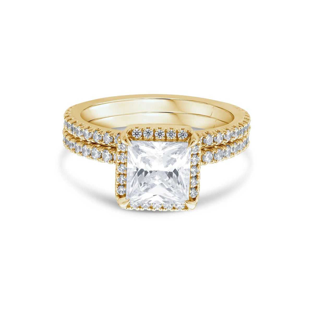 2 3/4 CT. Tw. Lab Grown Diamond Princess-Cut Halo Bridal Set 14K Yellow Gold Ring Round Brilliant Cut Size 7 1mm