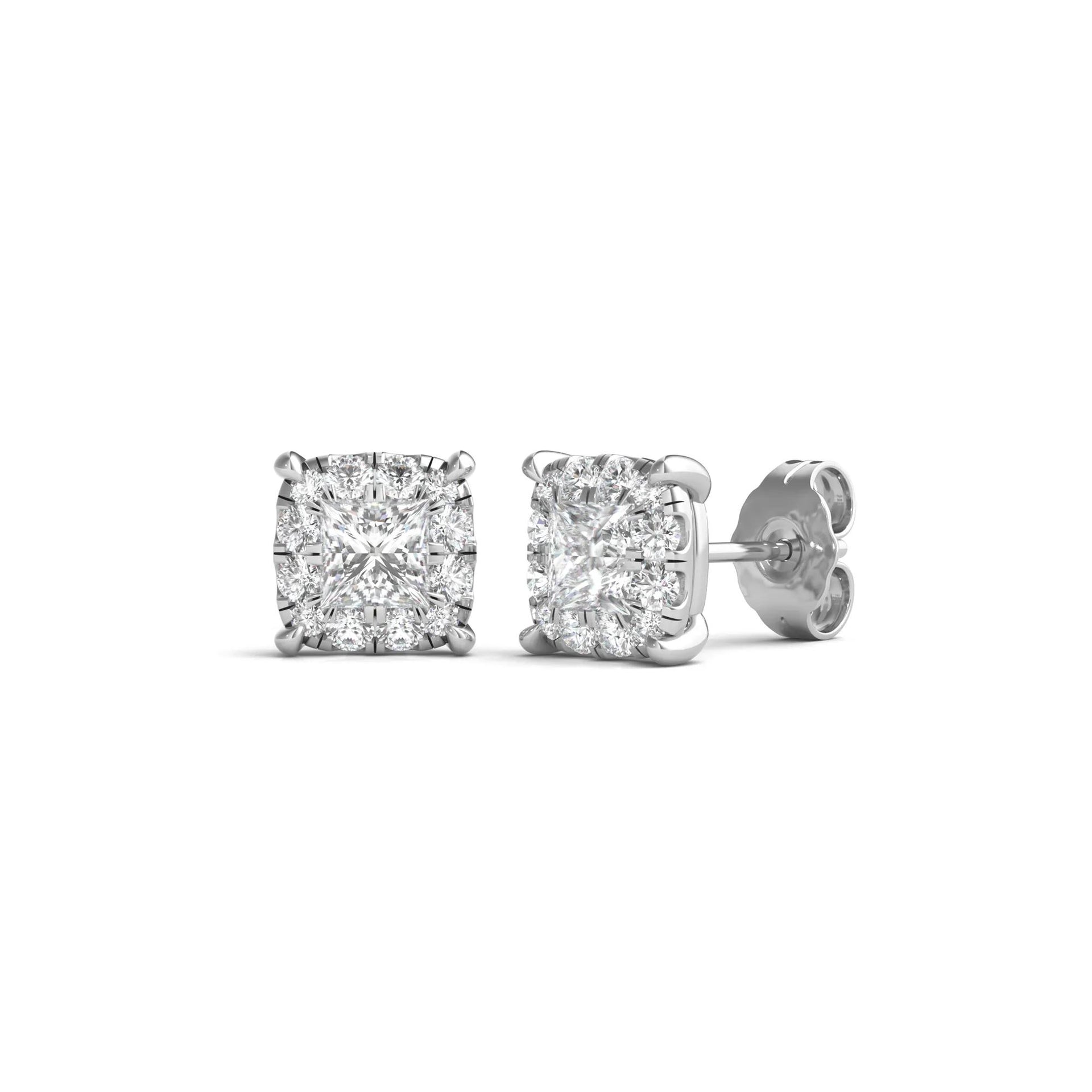 1 CT. Tw. Lab Grown Diamond Princess-Cut Halo Earrings 14K White Gold Size 7.20mm