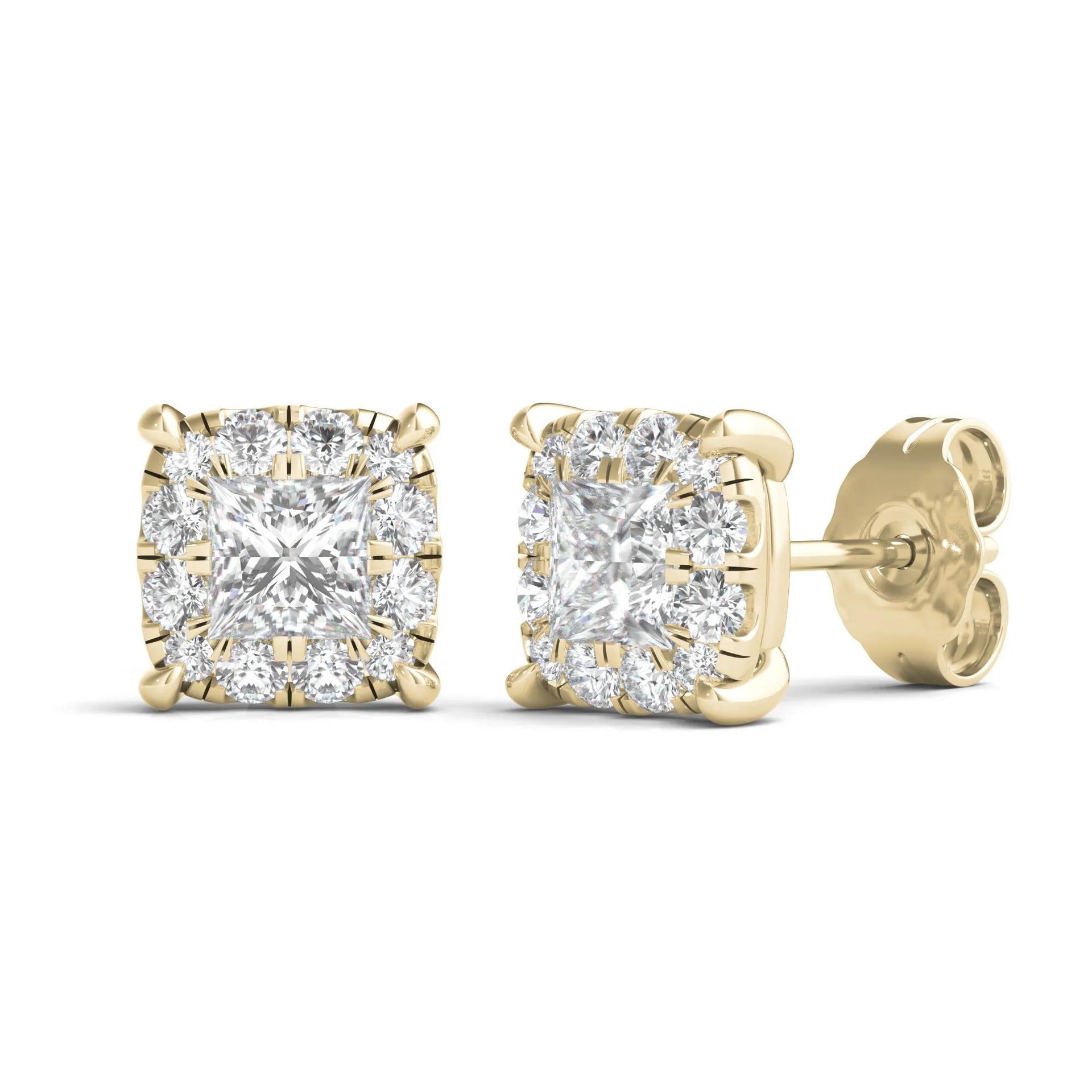 1 CT. Tw. Lab Grown Diamond Princess-Cut Halo Earrings 14K Yellow Gold Size 7.20mm