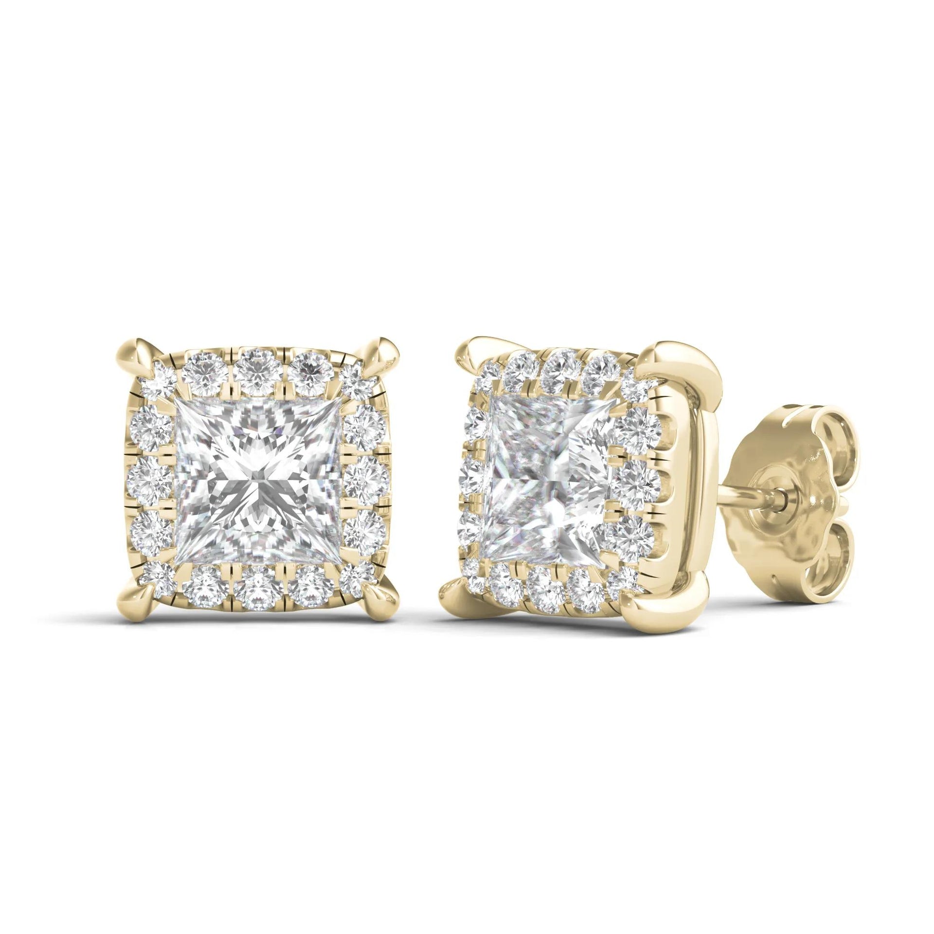 2 CT. Tw. Lab Grown Diamond Princess-Cut Halo Earrings 14K Yellow Gold Size 9.00mm