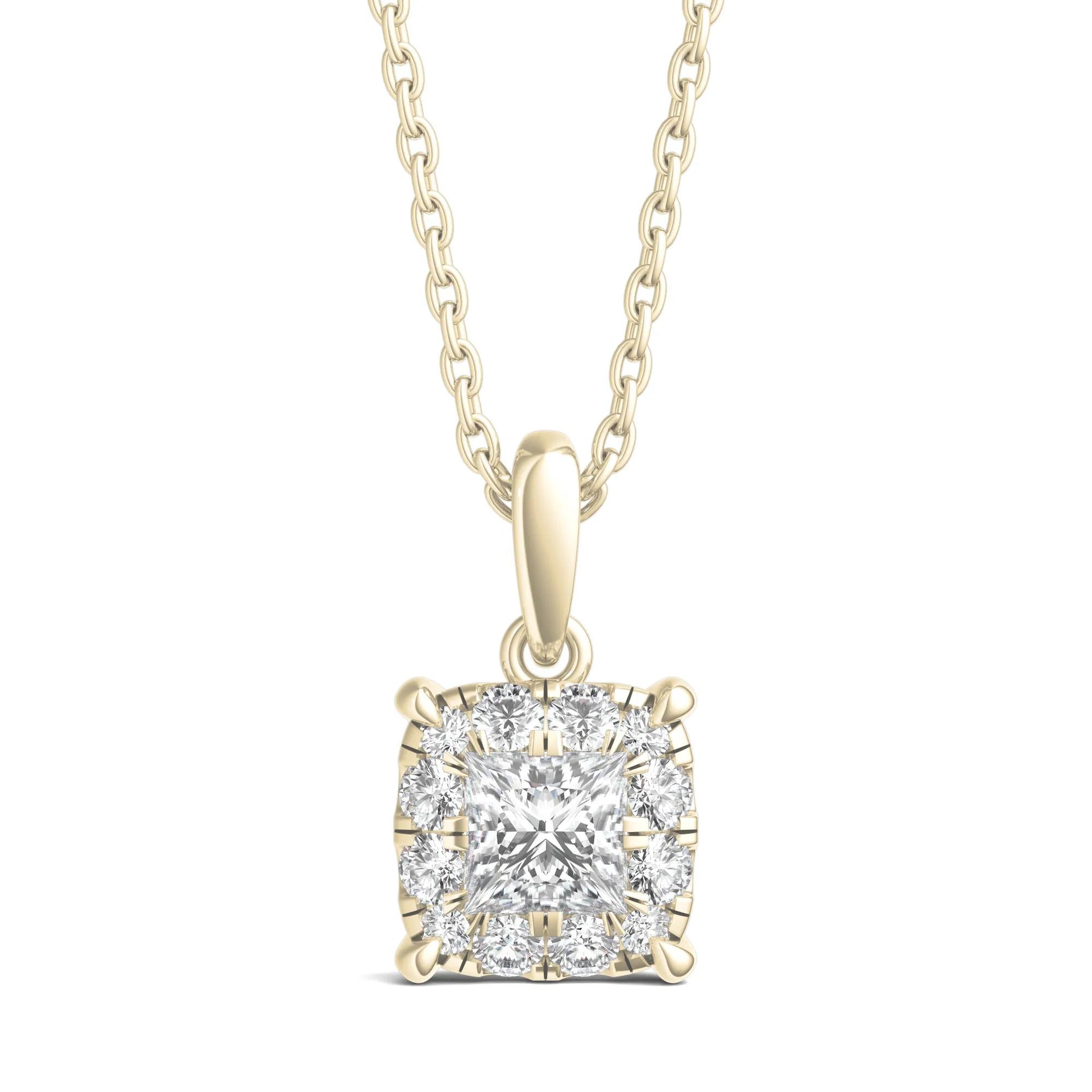 1/2 CT. Tw. Lab Grown Diamond Princess-Cut Halo Pendant Necklace 14K Yellow Gold Size 18"