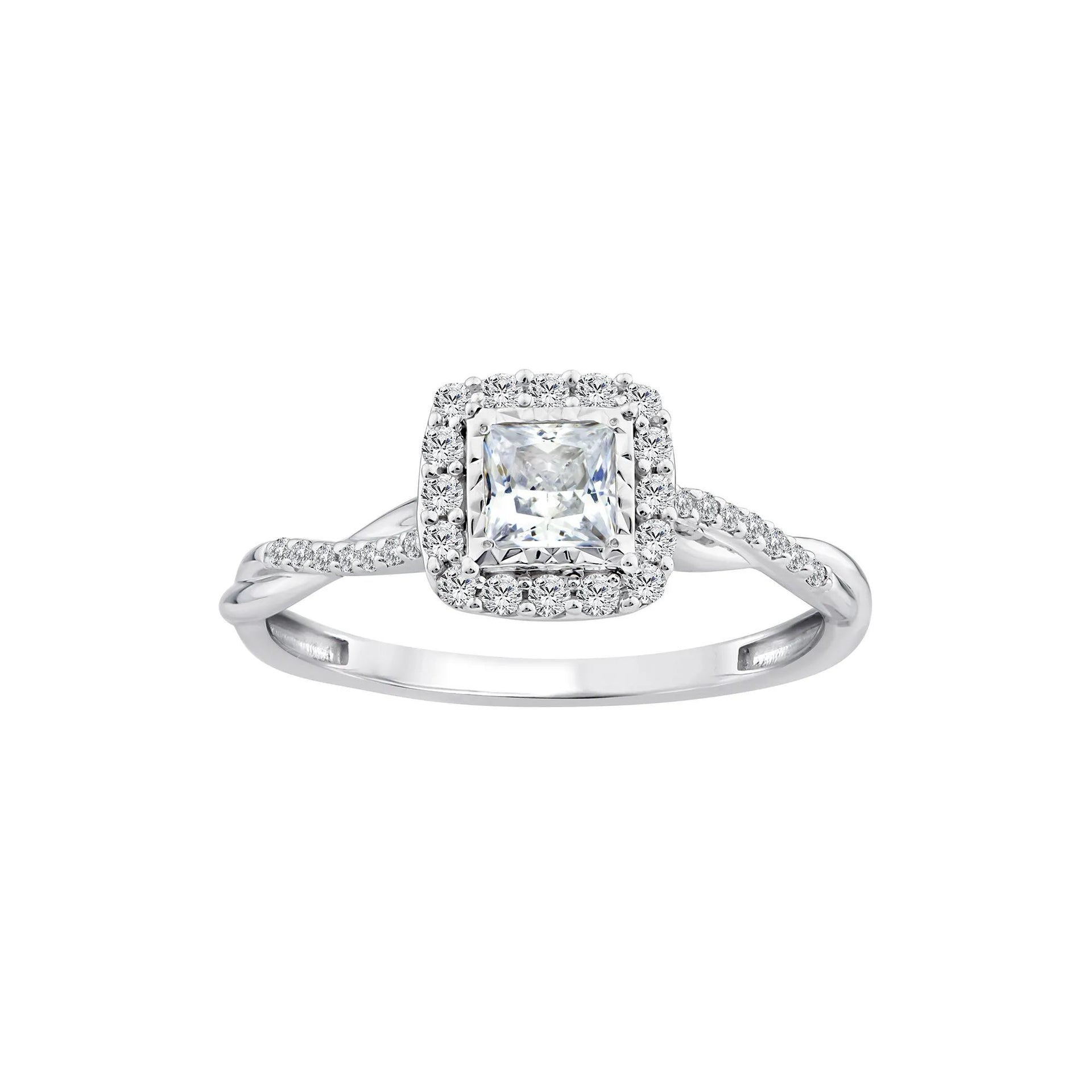 1/2 CT. Tw. Lab Grown Diamond Princess-Cut Halo Promise Ring 10K White Gold Size 6.5 1.5mm