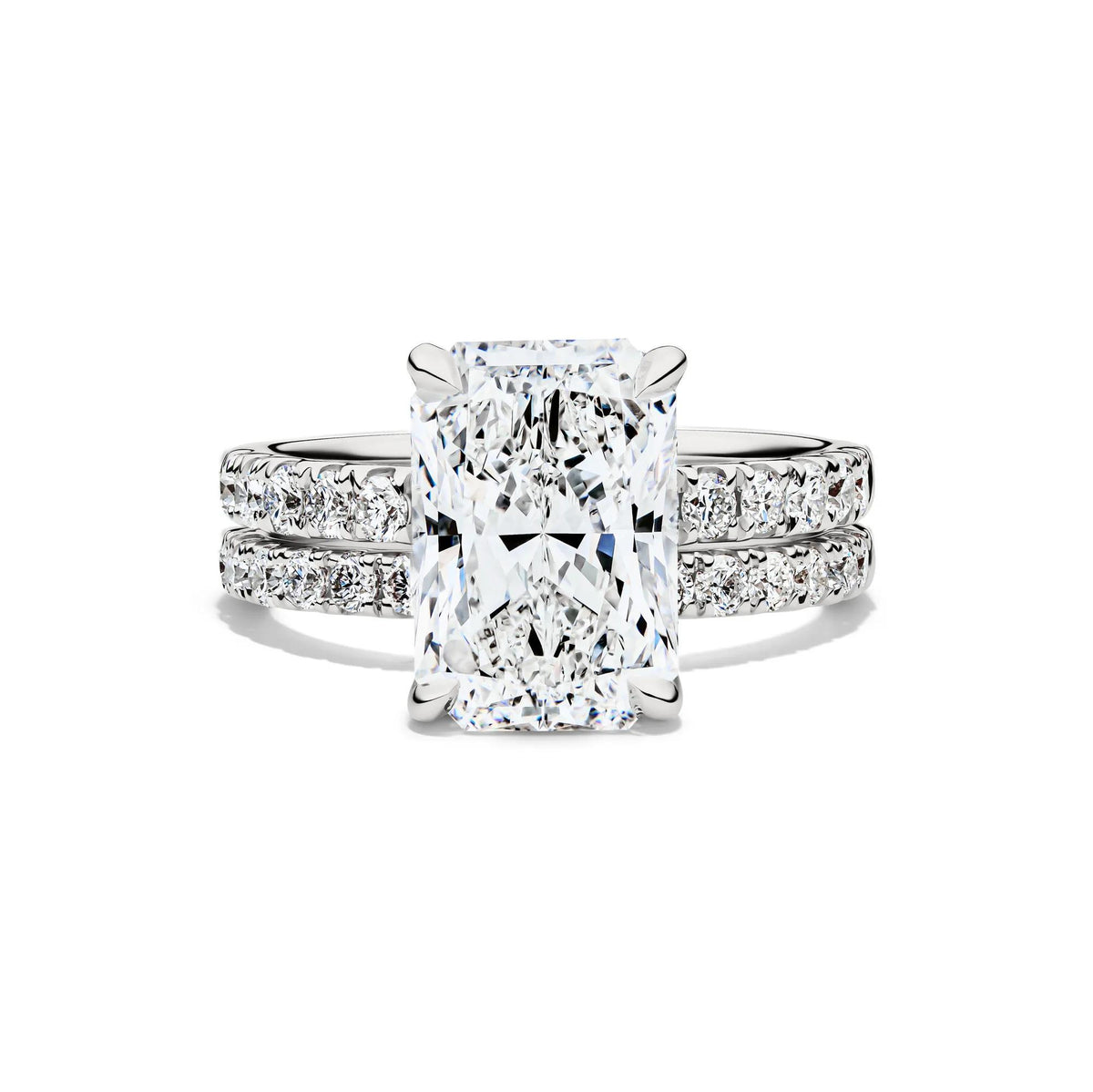 5 CT. Tw. Lab Grown Diamond Radiant-Cut Bridal Set 14K White Gold Ring Round Brilliant Cut Size 6.5 2mm