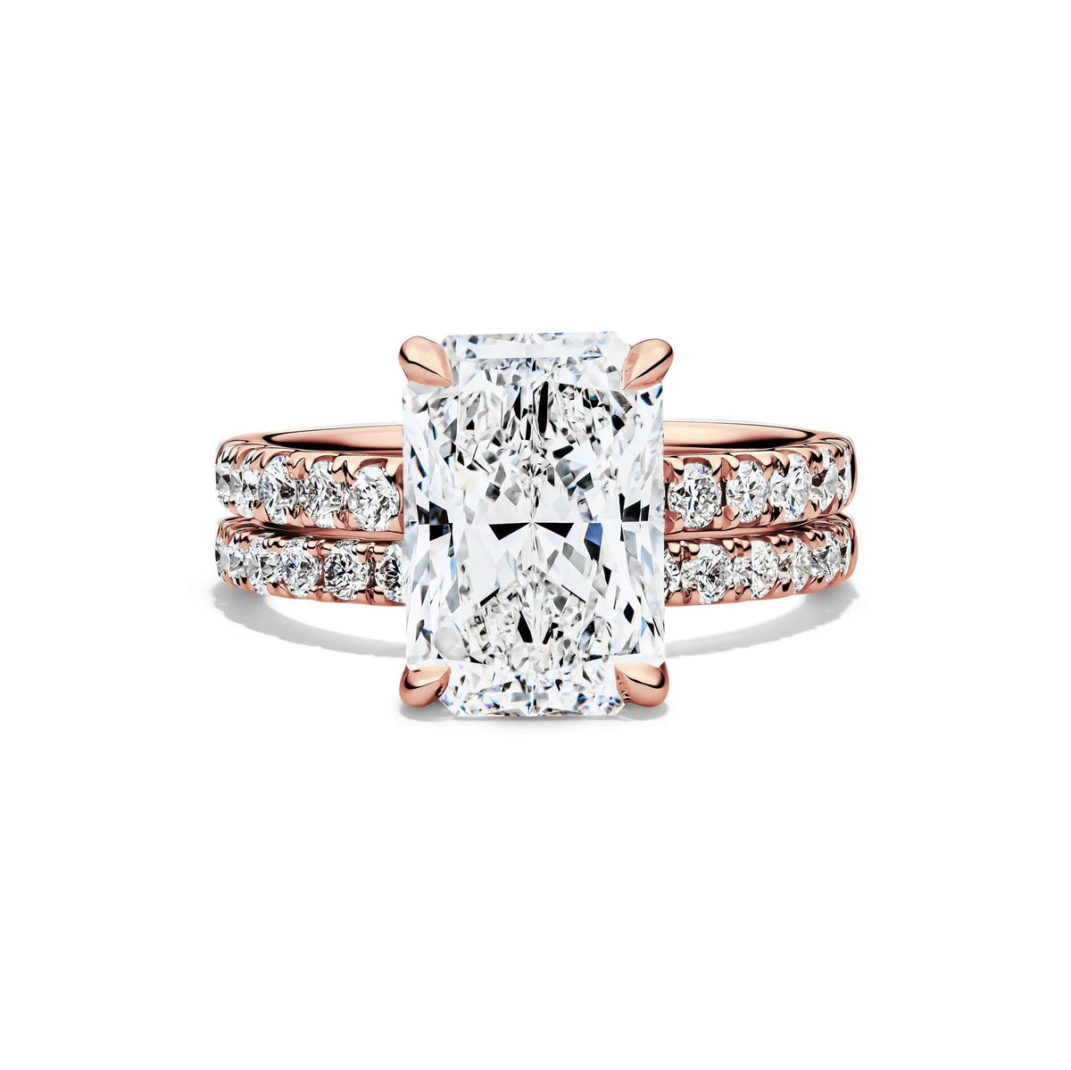 5 CT. Tw. Lab Grown Diamond Radiant-Cut Bridal Set 14K Rose Gold Ring Round Brilliant Cut Size 5.5 2mm