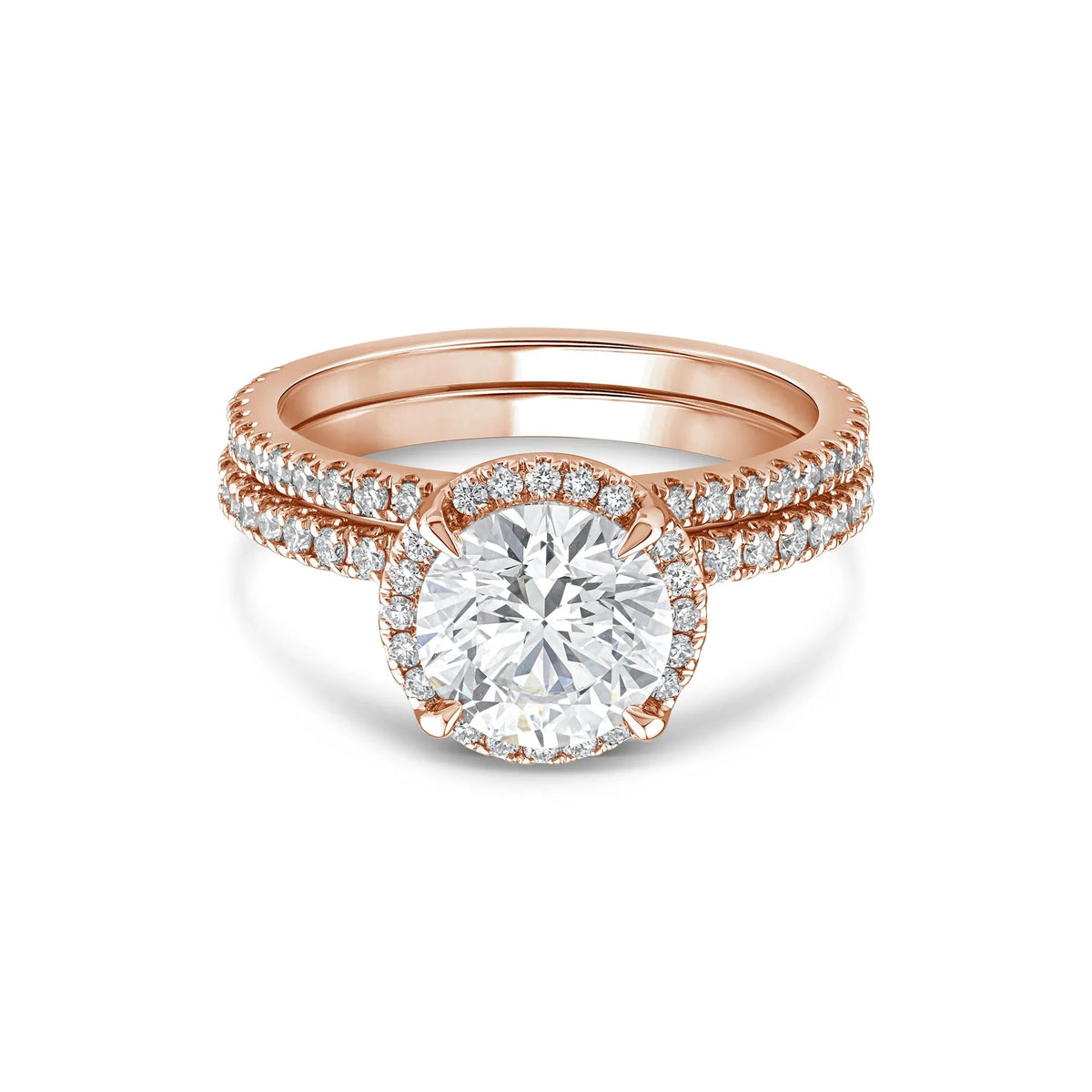2 3/4 CT. Tw. Lab Grown Diamond Round Halo Bridal Set 14K Rose Gold Ring Round Brilliant Cut Size 4.5 10mm