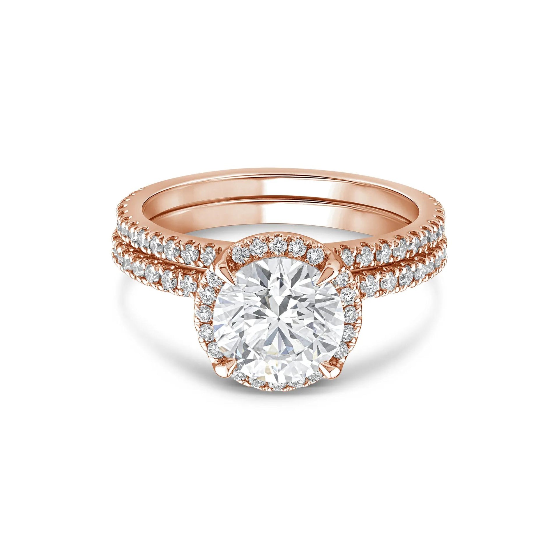 2 3/4 CT. Tw. Lab Grown Diamond Round Halo Bridal Set 14K Rose Gold Ring Round Brilliant Cut Size 5.5 10mm
