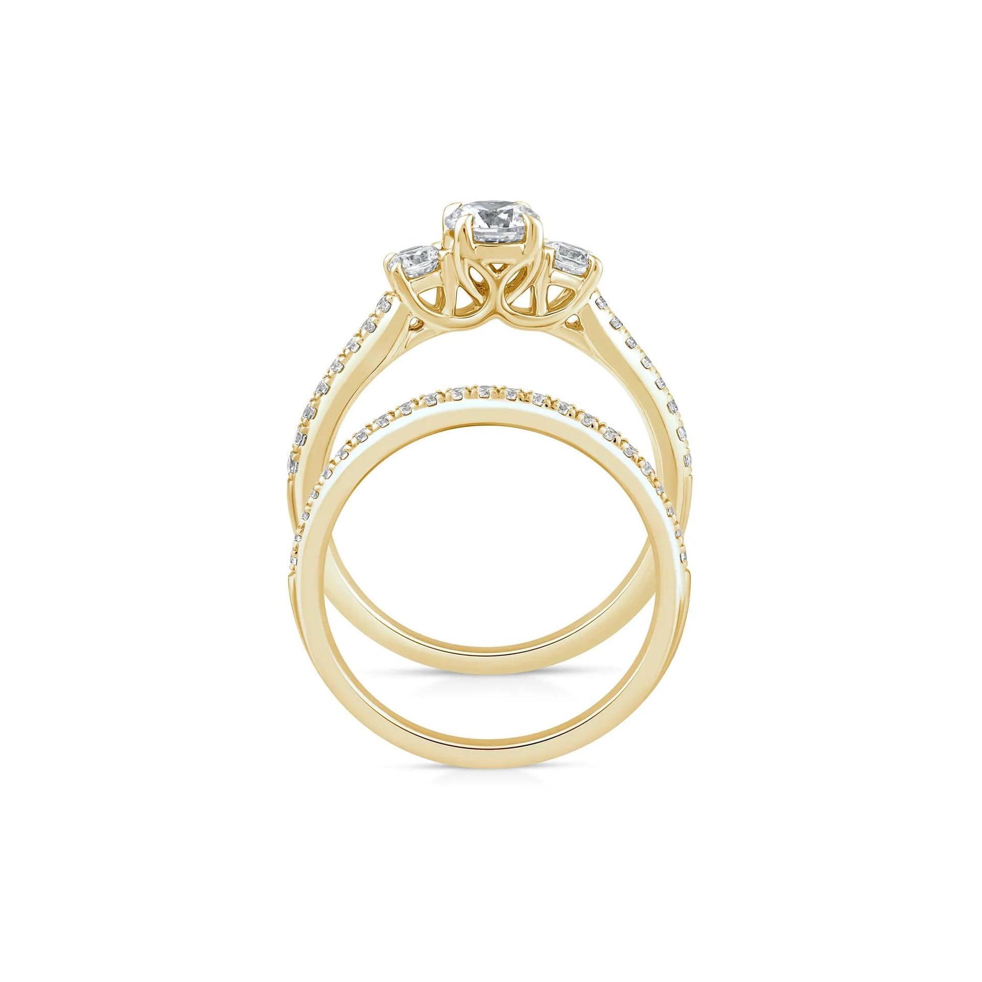 1 CT. Tw. Lab Grown Diamond Three-Stone Engagement Set 10K Yellow Gold Ring Round Brilliant Cut Size 7 1mm