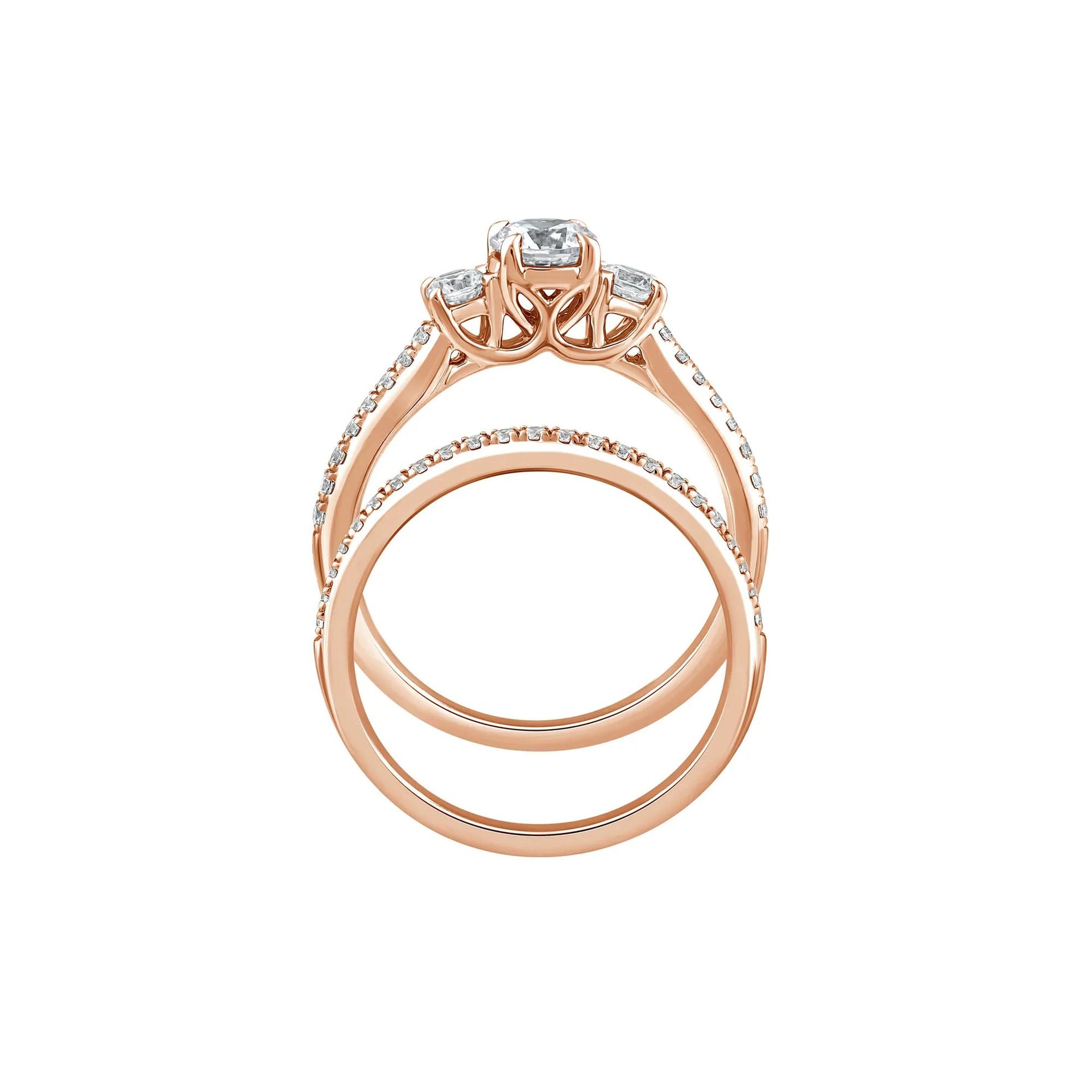 1 CT. Tw. Lab Grown Diamond Three-Stone Engagement Set 10K Rose Gold Ring Round Brilliant Cut Size 6.5 1mm