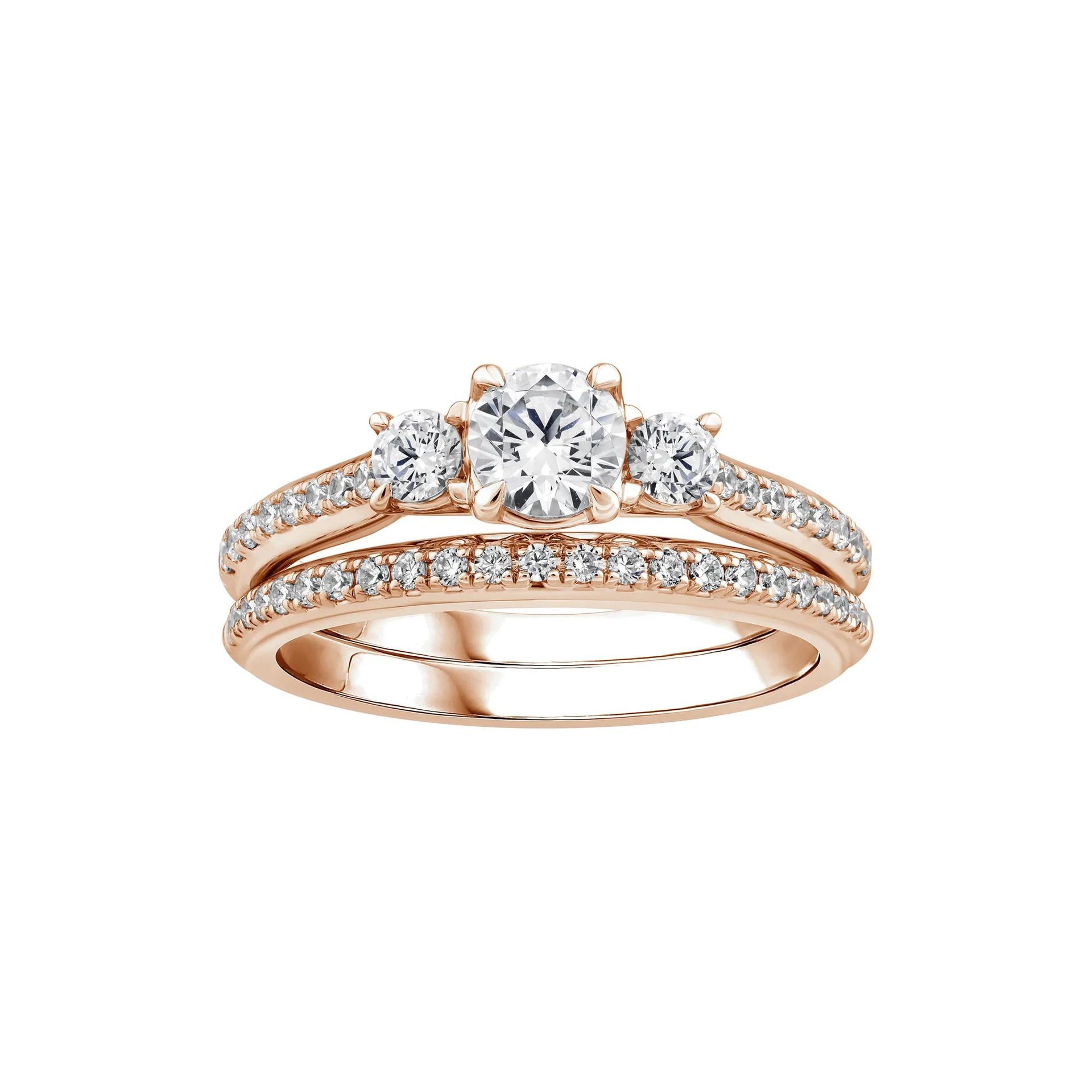 1 CT. Tw. Lab Grown Diamond Three-Stone Engagement Set 10K Rose Gold Ring Round Brilliant Cut Size 6.5 1mm