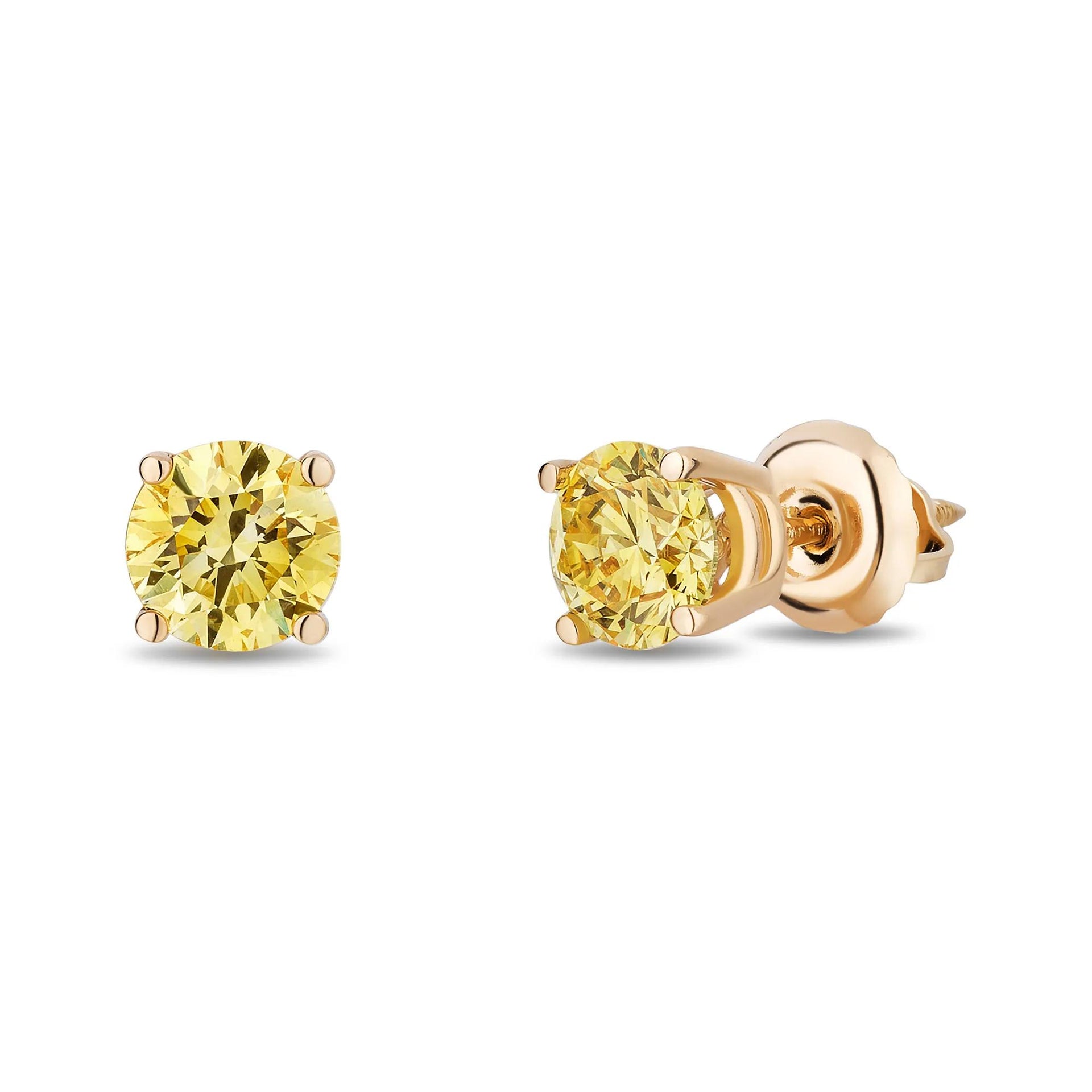 1 CT. Tw. Lab Grown Yellow Diamond Solitaire Earrings 14K Yellow Gold Size 5.00mm