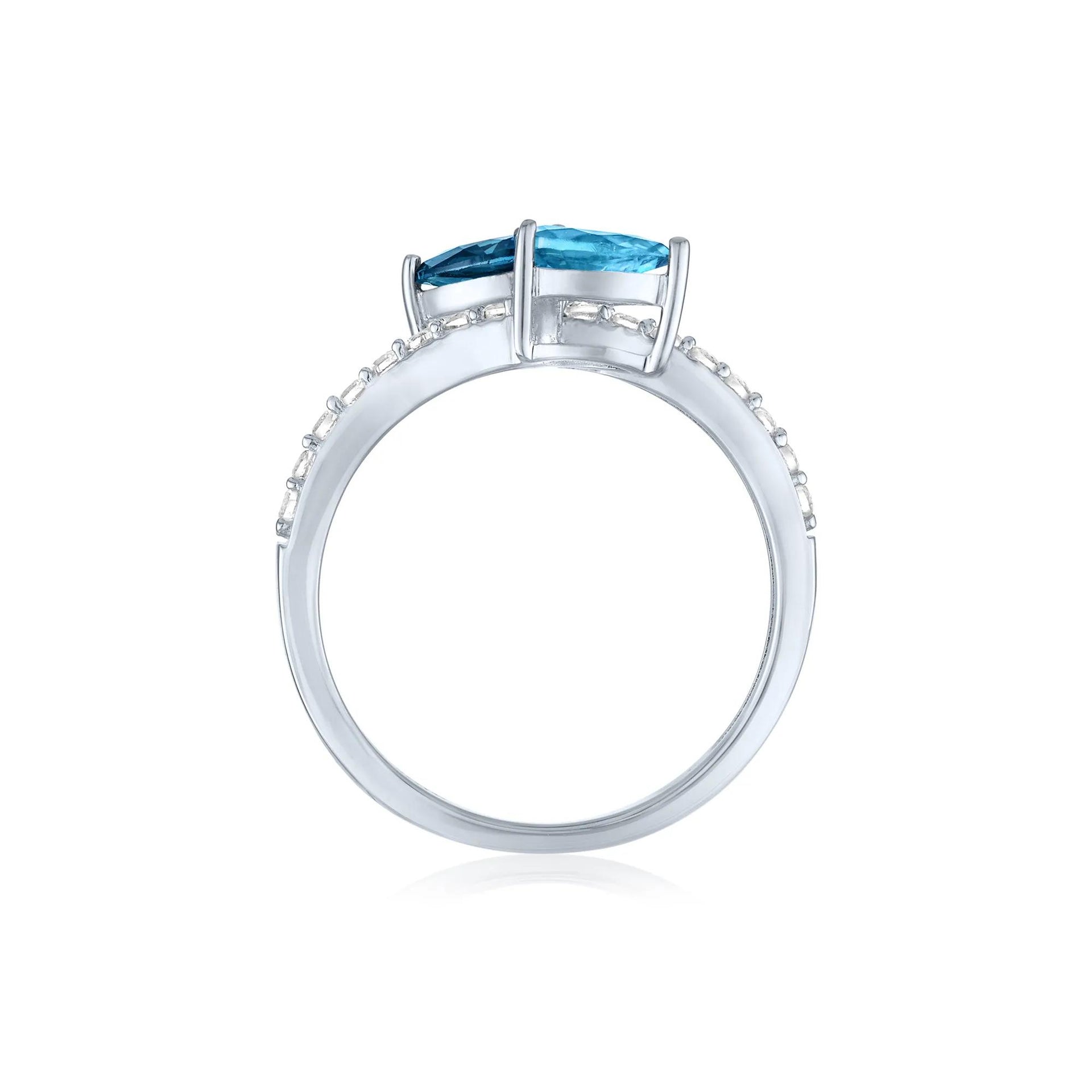 London Blue & Sky Blue Topaz Bypass Ring with Lab-Created White Sapphires .925 Sterling Silver Size 7.5 1mm