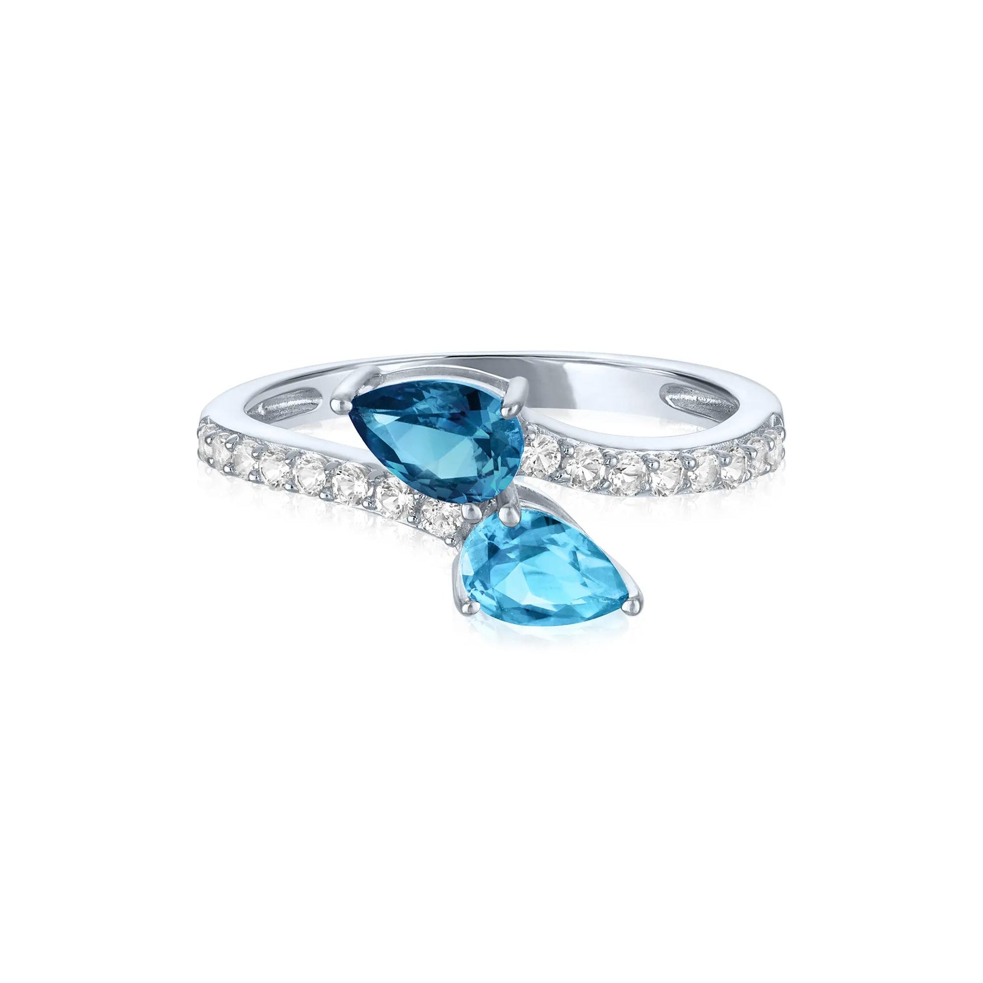 London Blue & Sky Blue Topaz Bypass Ring with Lab-Created White Sapphires .925 Sterling Silver Size 7.5 1mm