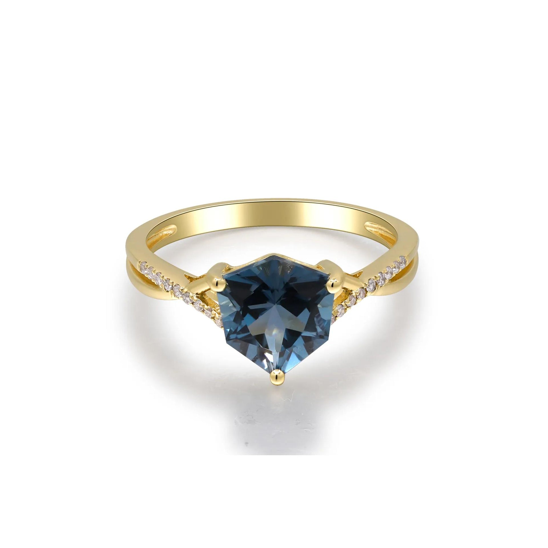 London Blue Topaz & Diamond Accent Ring 10K Yellow Gold Round Brilliant Cut Size 8 2mm