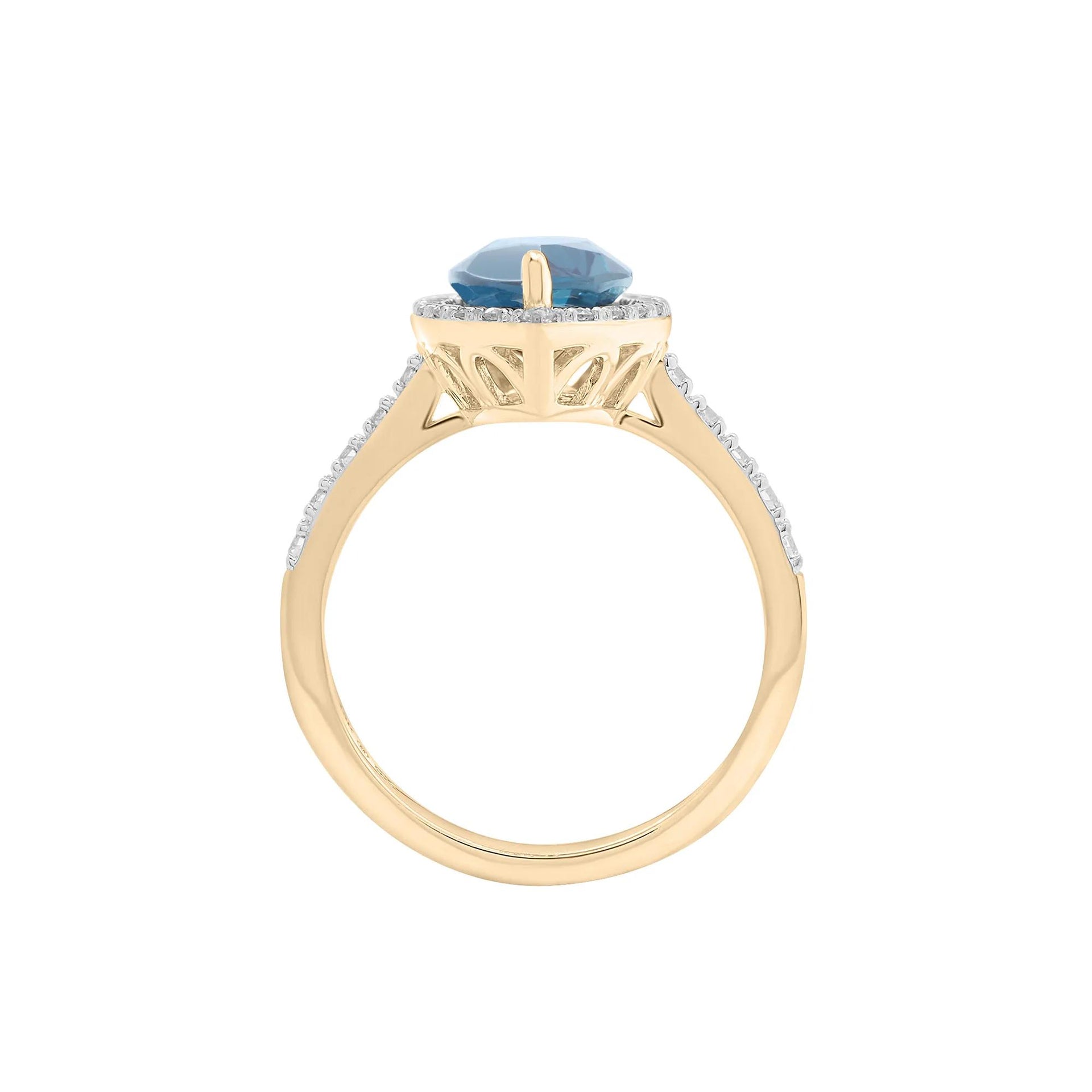 3/8 CT. Tw. London Blue Topaz and Diamond Halo Ring 10K Yellow Gold Round Brilliant Cut Size 6 2mm