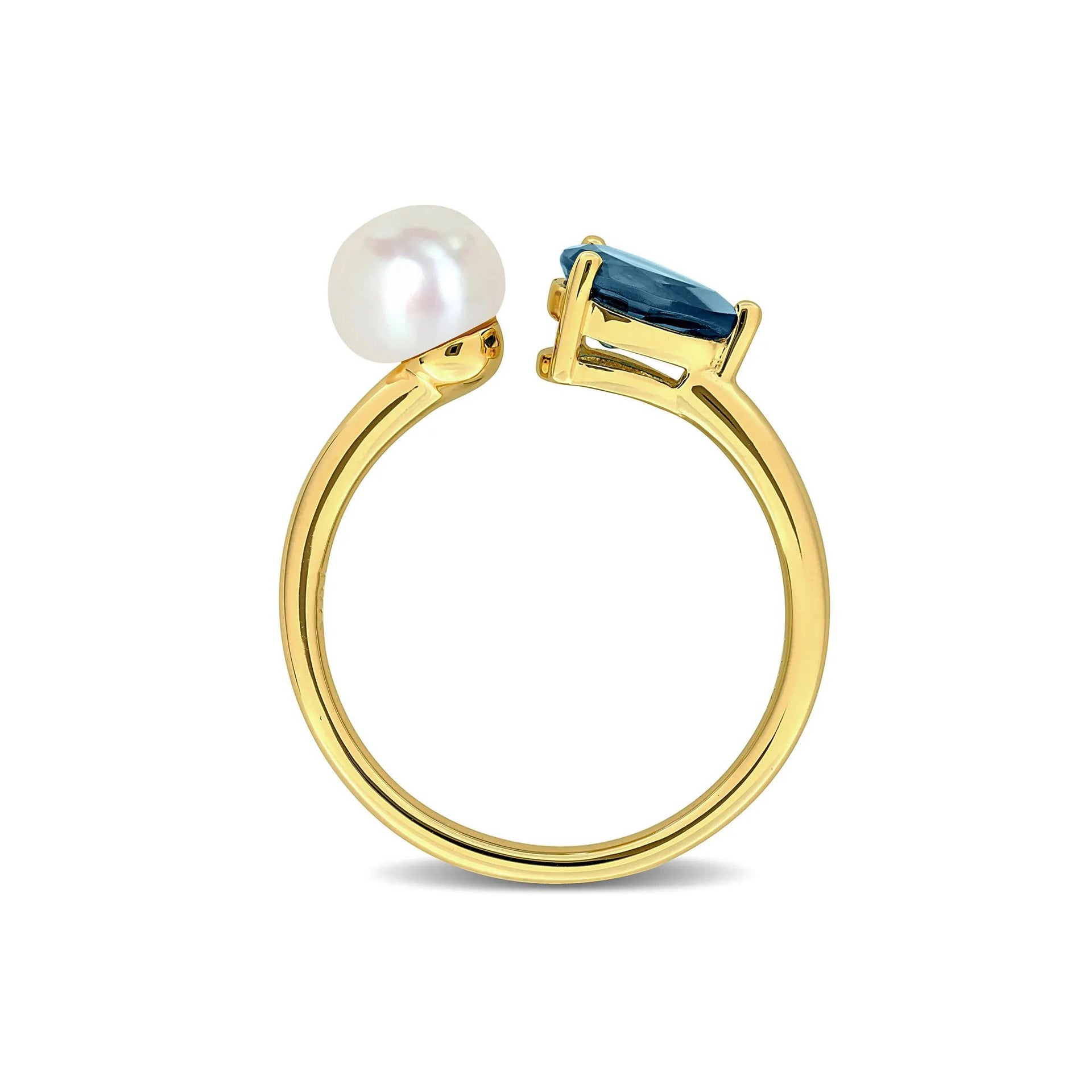 London Blue Topaz and Freshwater Pearl Bypass Ring 10K Yellow Gold Size 6 1.5mm