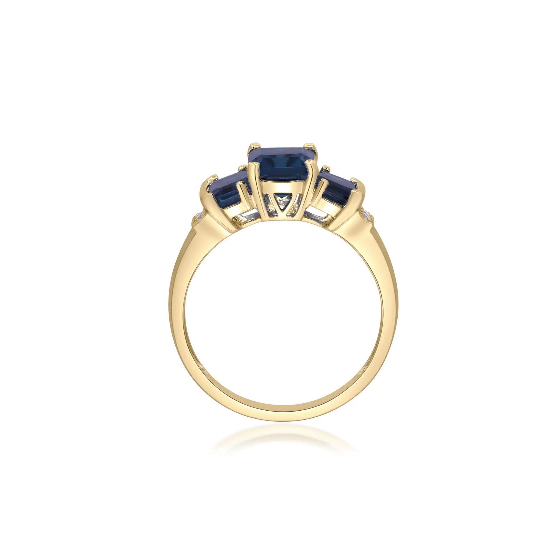 London Blue Topaz Three Stone Ring with Diamond Accent 10K Yellow Gold Size 6 2mm