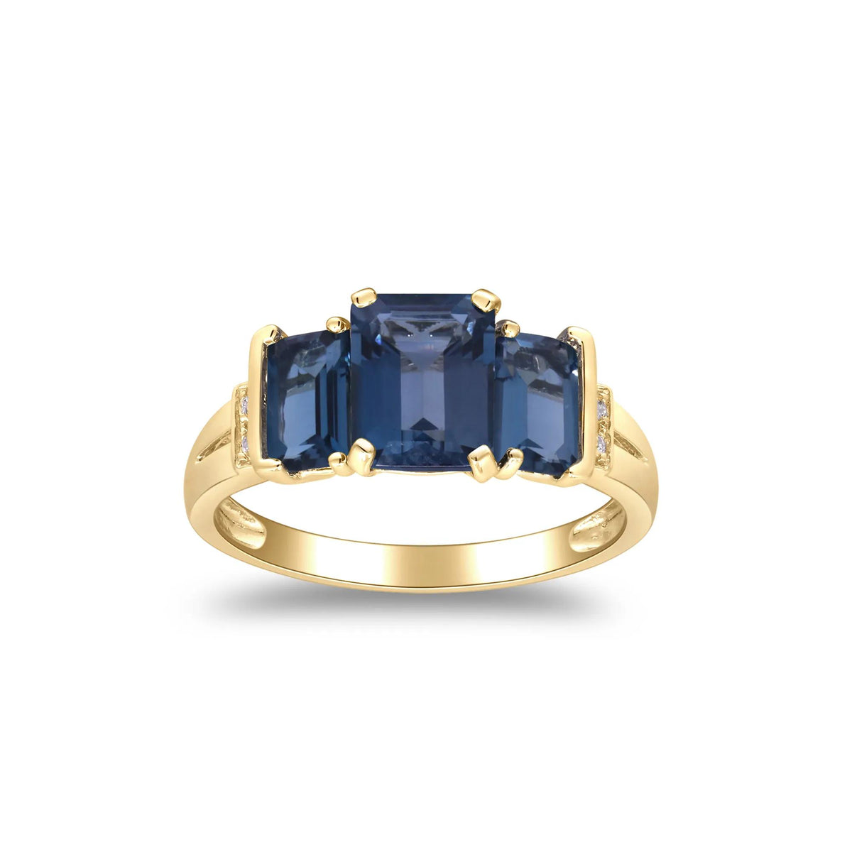 London Blue Topaz Three Stone Ring with Diamond Accent 10K Yellow Gold Size 7 2mm