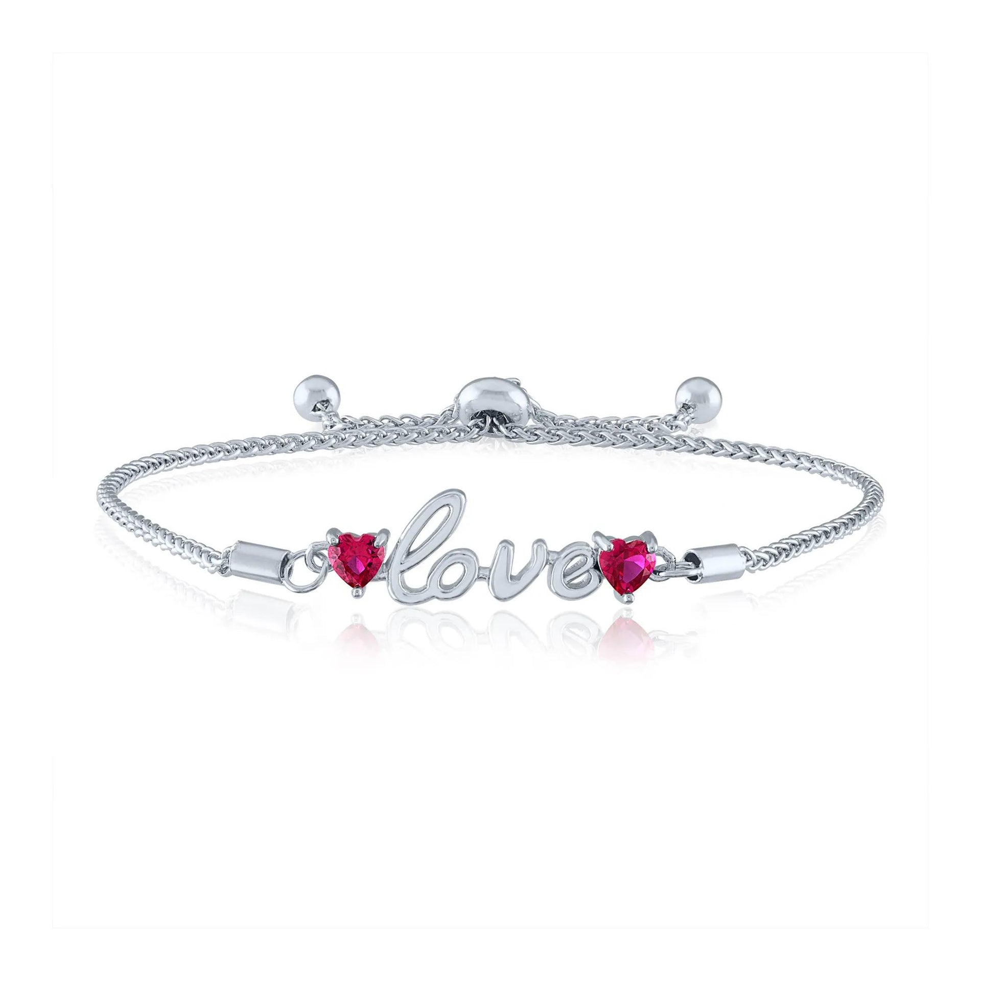 "love" Bolo Bracelet with Heart-Shaped Lab-Created Rubies .925 Sterling Silver White Size 20.00mm