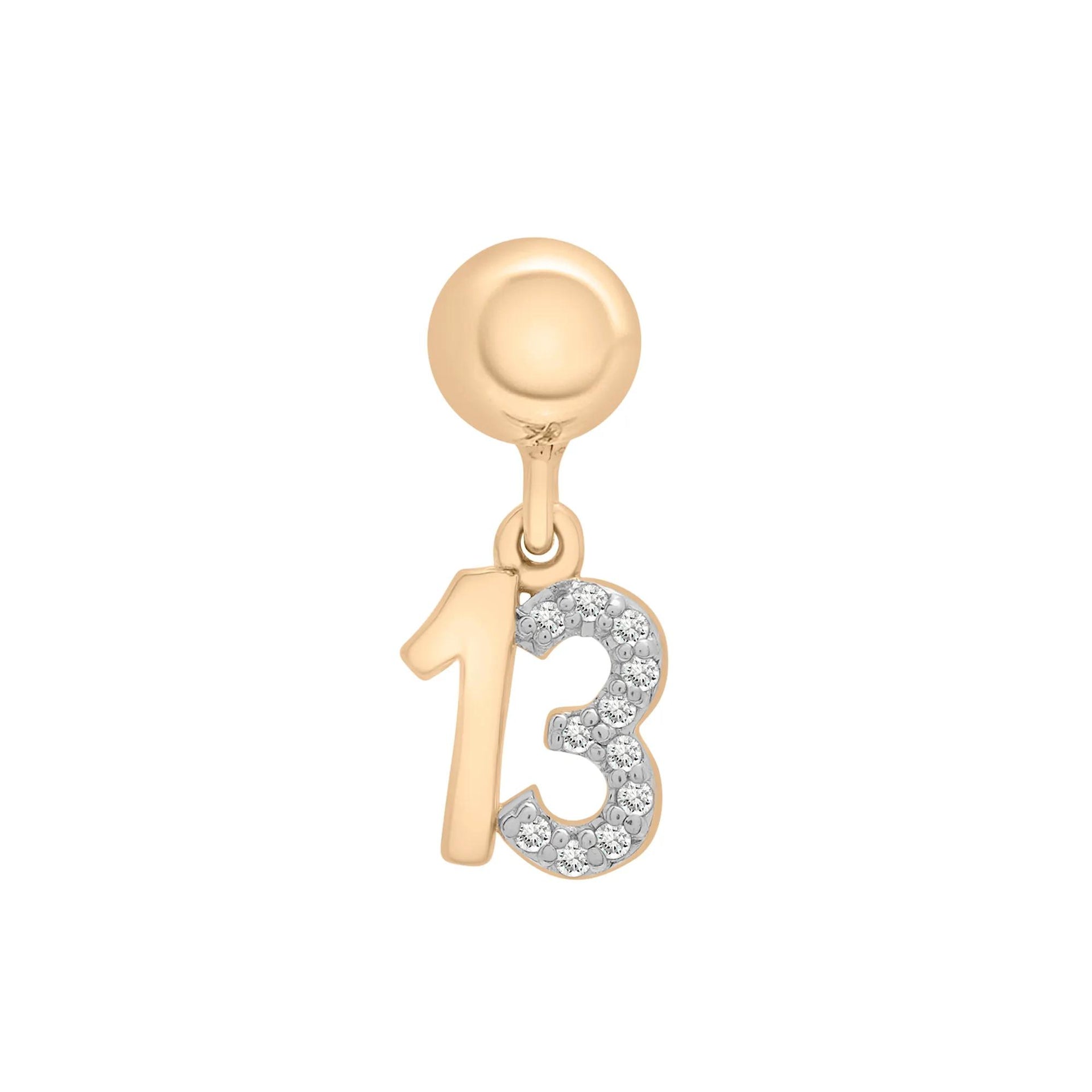 Diamond Accent Lucky Number 13 Bead Charm Vermeil Yellow Size 12.00mm