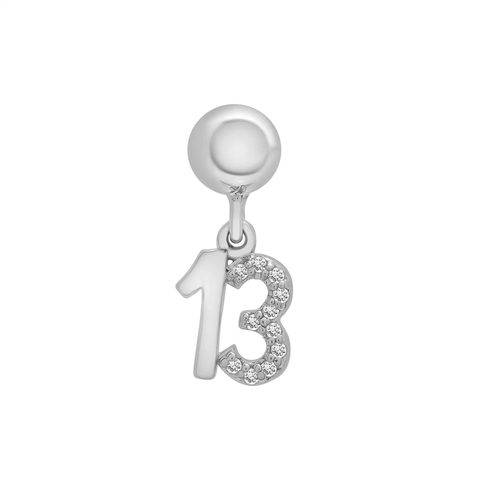 Diamond Accent Lucky Number 13 Bead Charm .925 Sterling Silver White Size 12.00mm