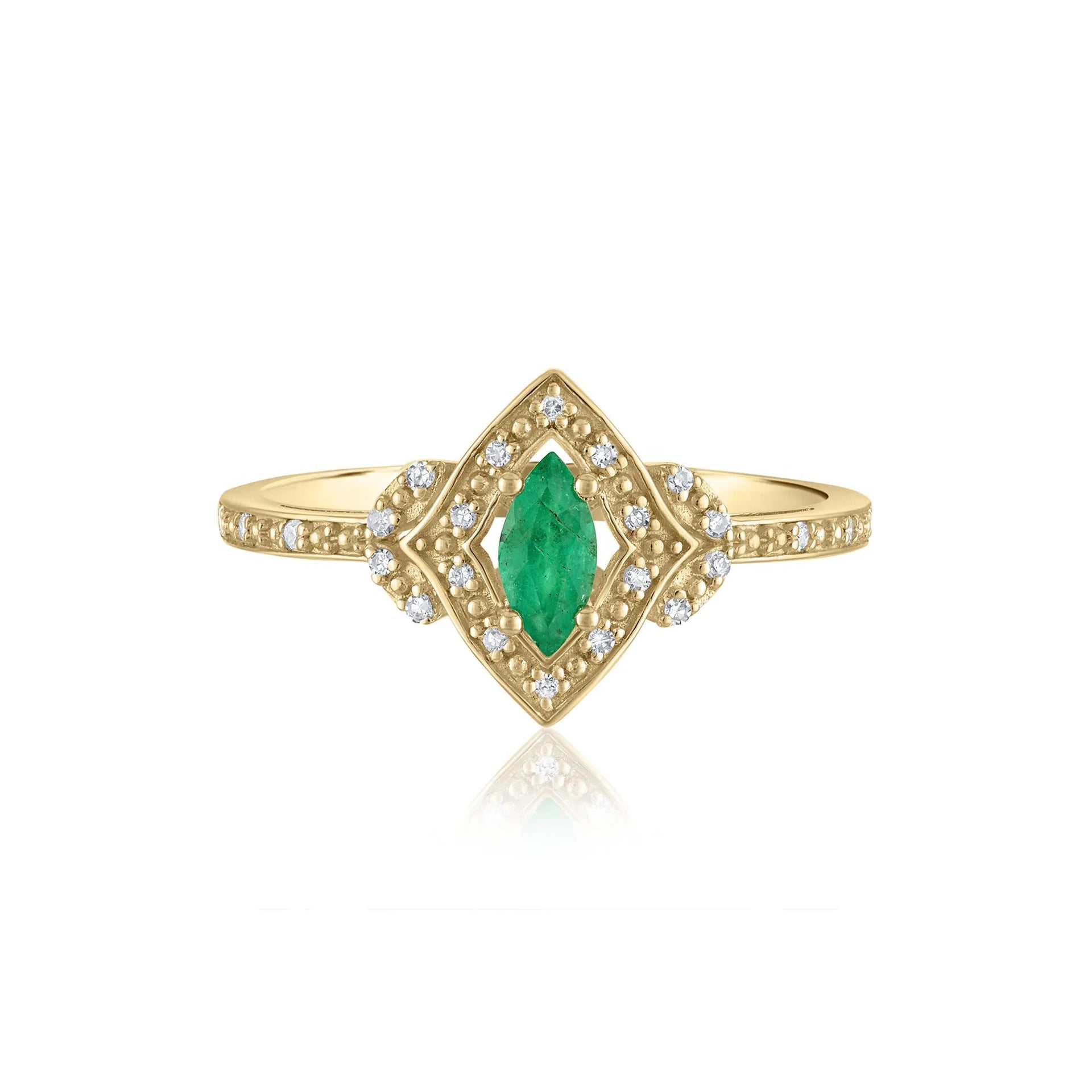 Marquise Emerald & Diamond Ring 14K Yellow Gold Size 7 1.5mm