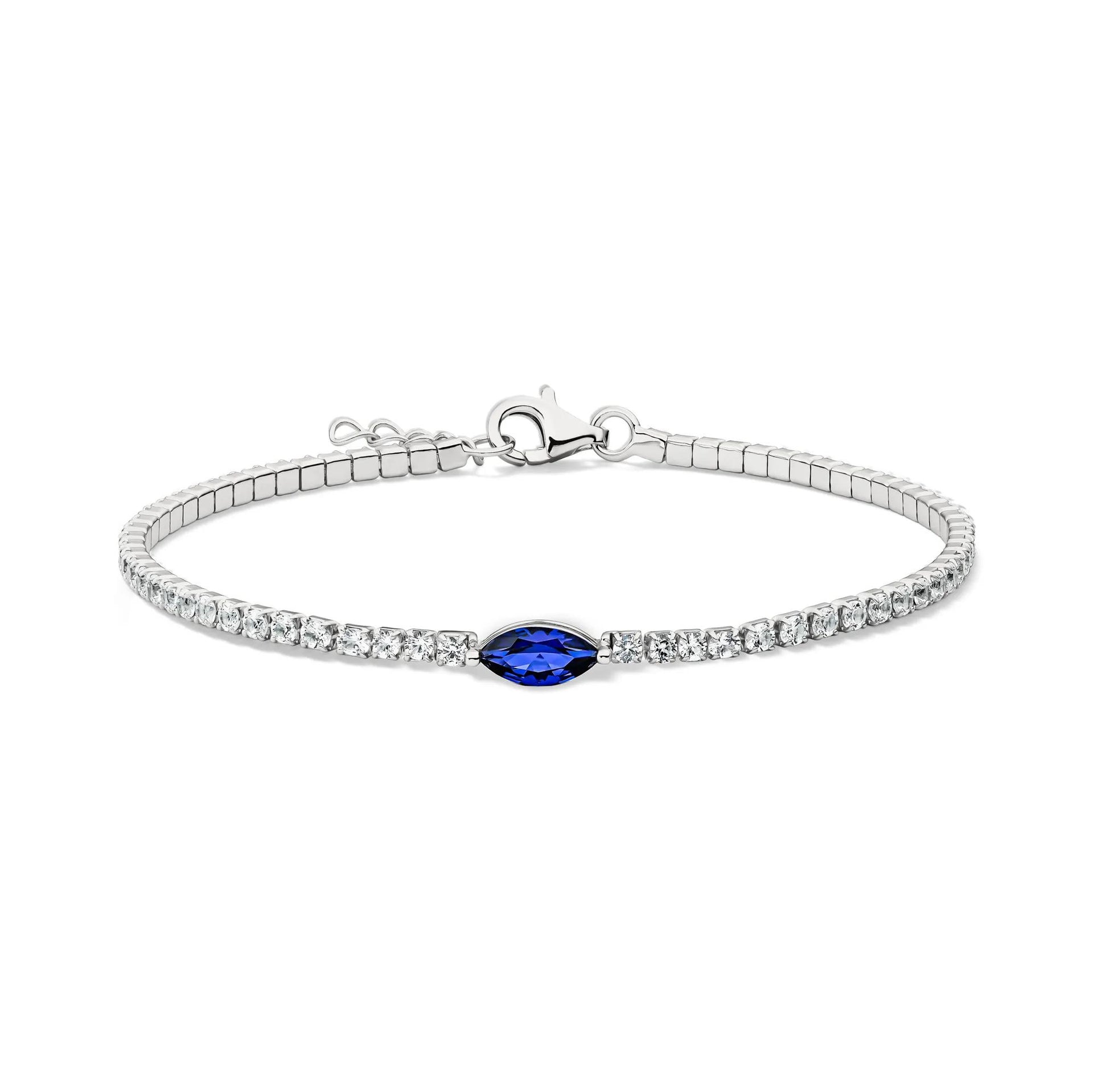 Marquise-Shaped Lab Created Blue & White Sapphire Bracelet .925 Sterling Silver Size 7.5"