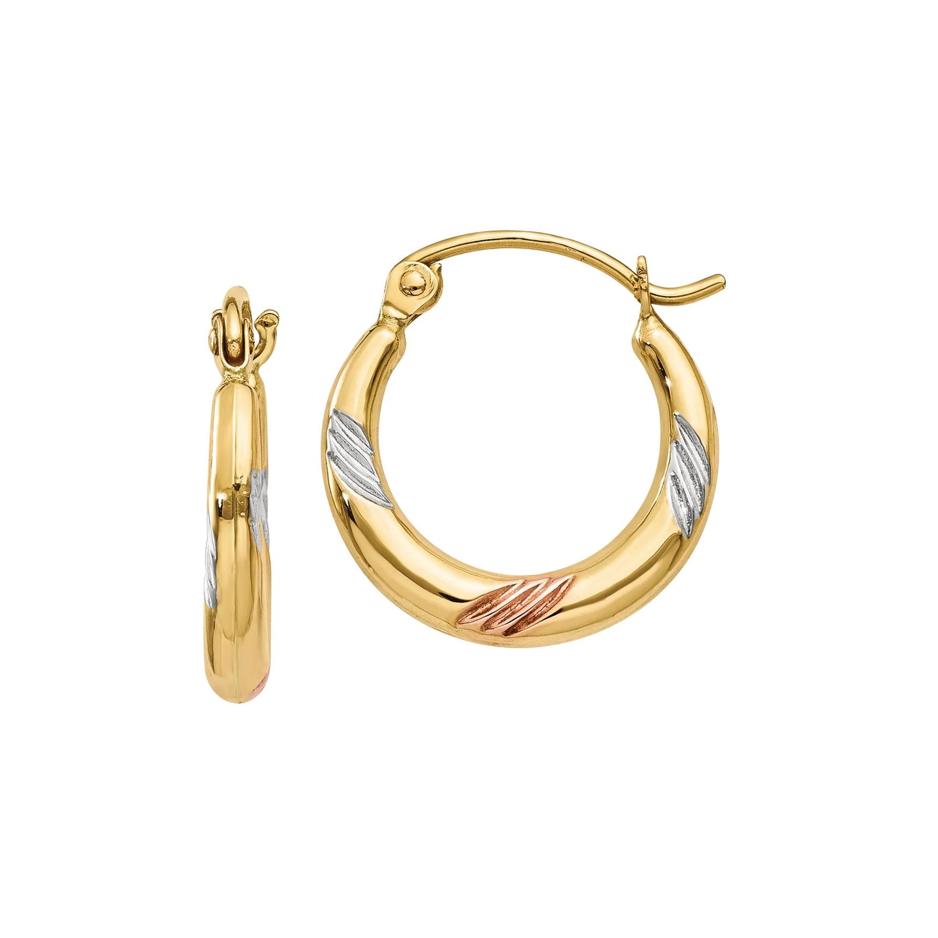 Mixed Texture Hoop Earrings with White and Rose Rhodium Accents 14K Yellow Gold Size 14.00mm