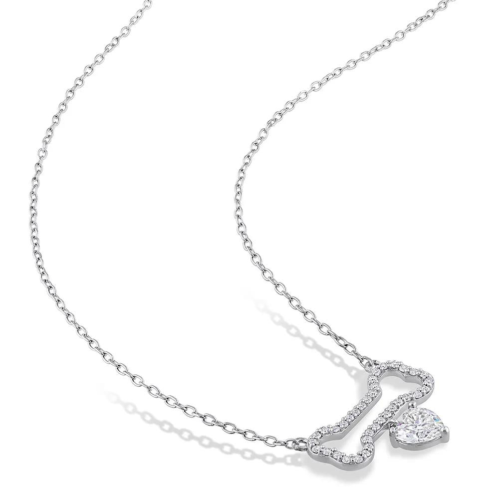 Moissanite Dog Bone Pendant Necklace .925 Sterling Silver White Size 18"