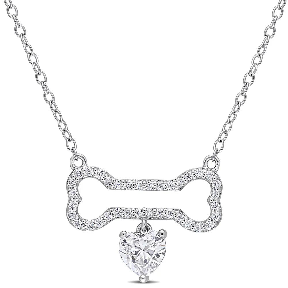 Moissanite Dog Bone Pendant Necklace .925 Sterling Silver White Size 18"