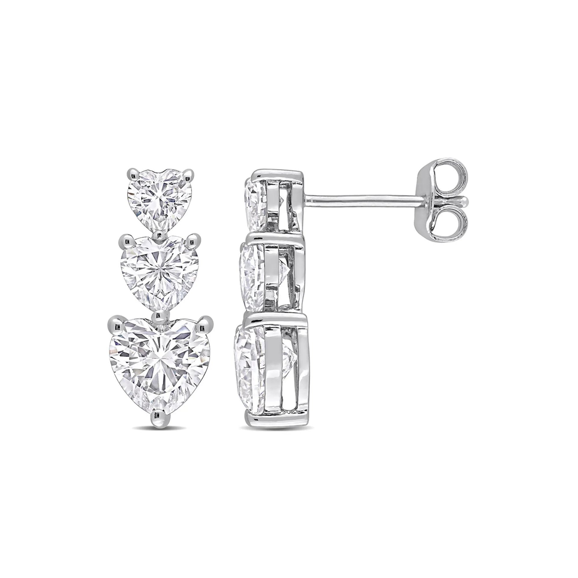 Moissanite Drop Earrings with Heart-Shaped Stones .925 Sterling Silver White Size 7.00mm