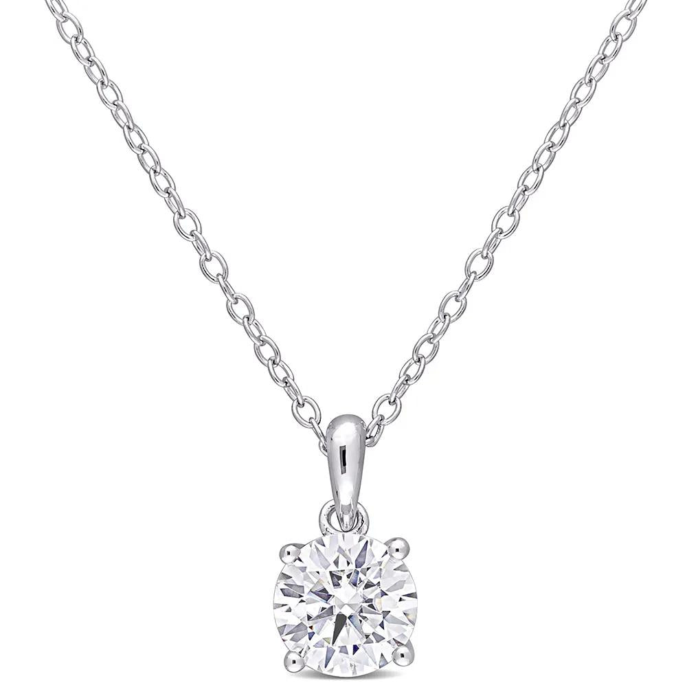Moissanite Solitaire Pendant Necklace .925 Sterling Silver (1 CT. Dew) White Size 18"