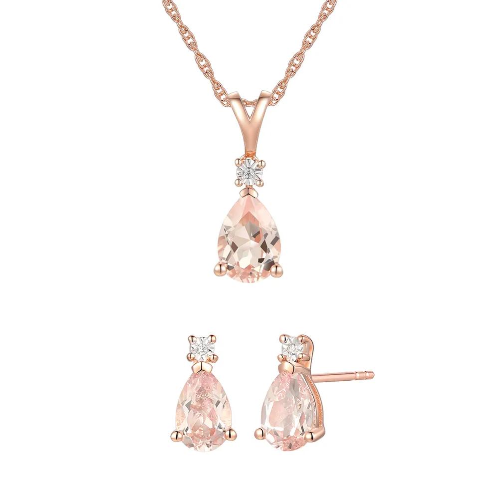 Morganite & Diamond Accent Pendant Necklace & Earrings Boxed Set 10K Rose Gold Size 18"