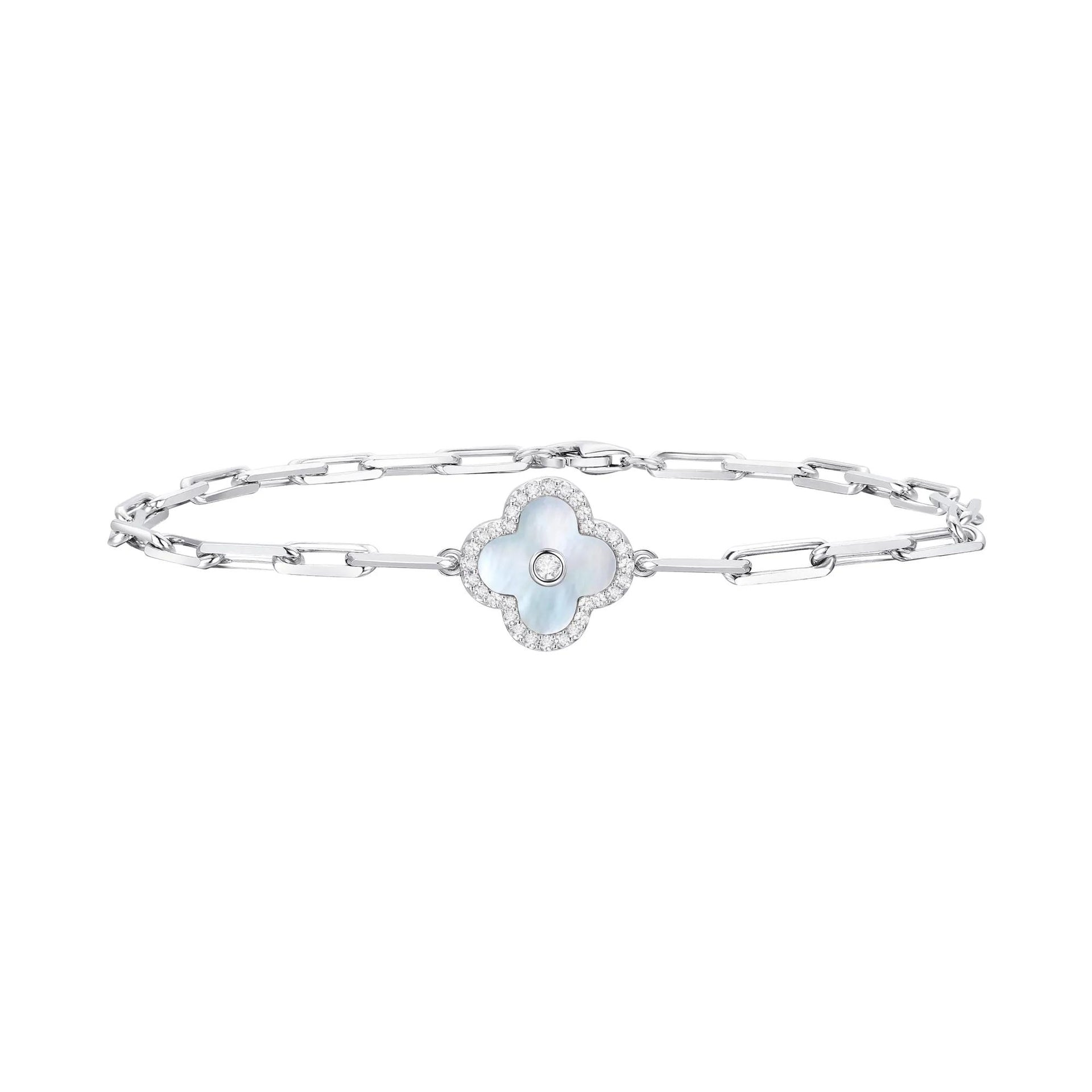 Mother of Pearl and Diamond Clover Bracelet .925 Sterling Silver White Size 12.00mm