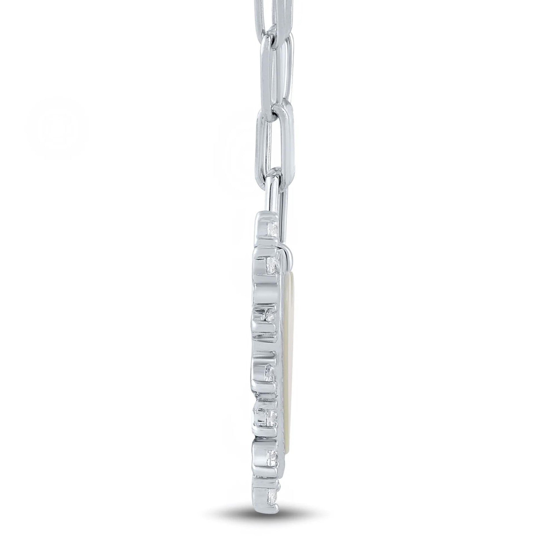 Mother of Pearl and Lab-Created White Sapphire Heart Burst Pendant Necklace .925 Sterling Silver Size 17"