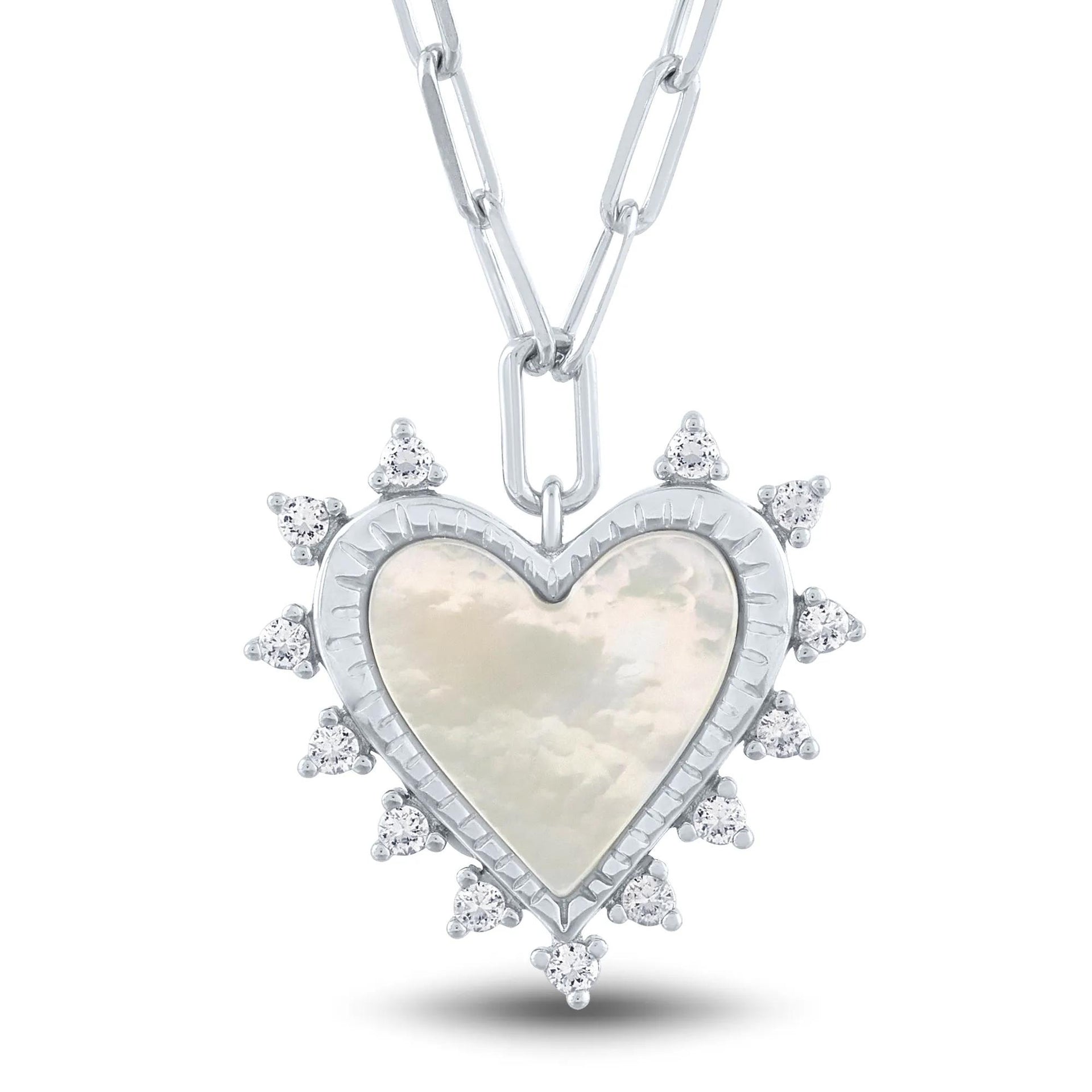 Mother of Pearl and Lab-Created White Sapphire Heart Burst Pendant Necklace .925 Sterling Silver Size 17"