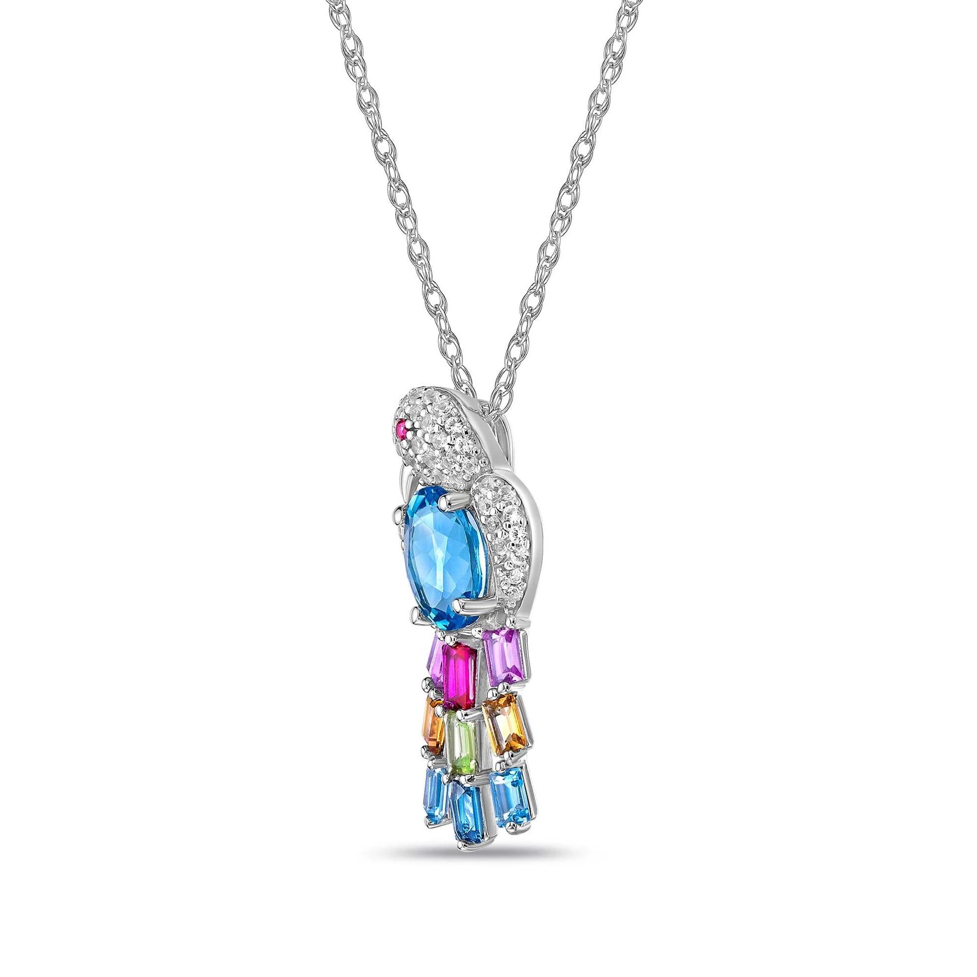 Multi-Gemstone Bird Pendant Necklace .925 Sterling Silver White Size 18"