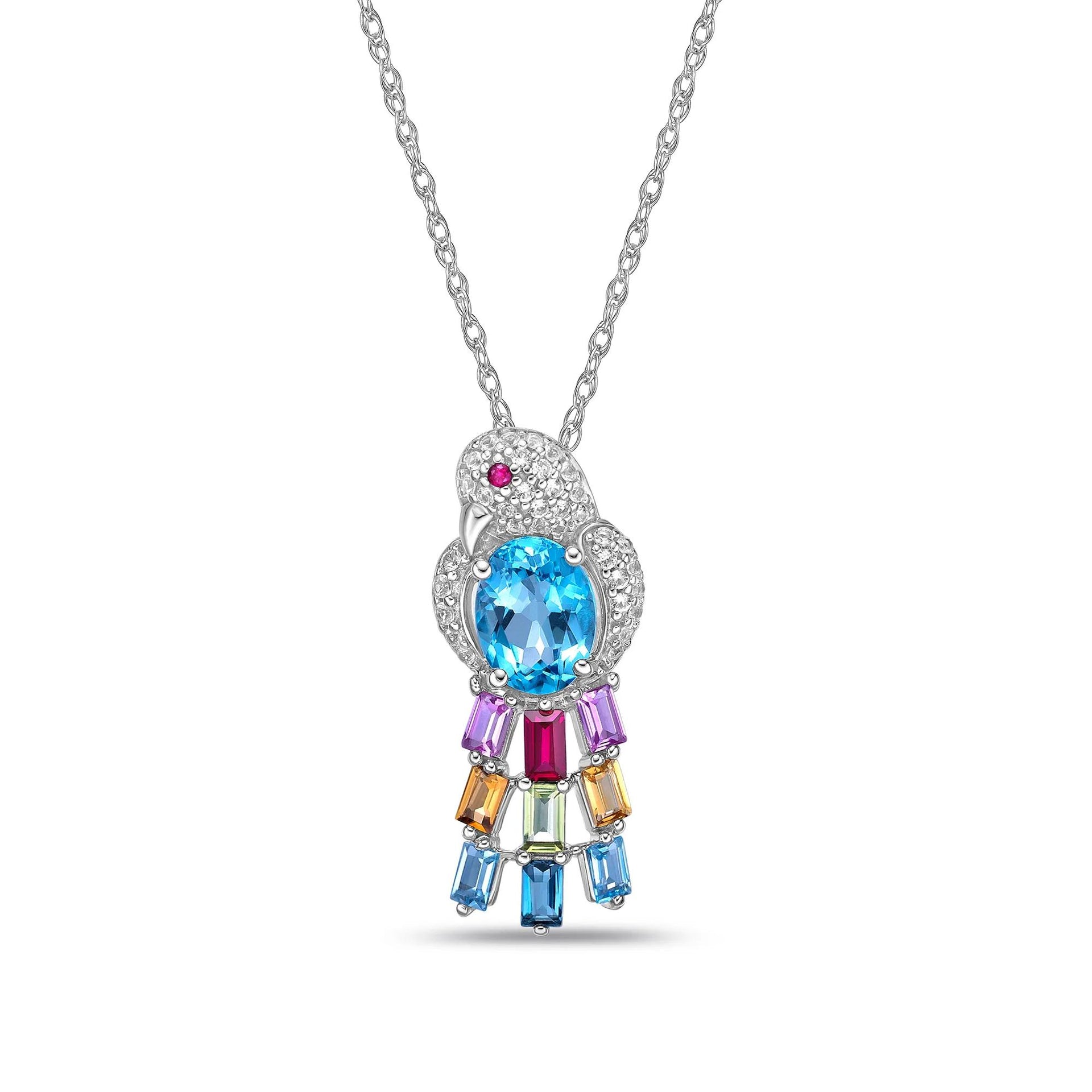 Multi-Gemstone Bird Pendant Necklace .925 Sterling Silver White Size 18"