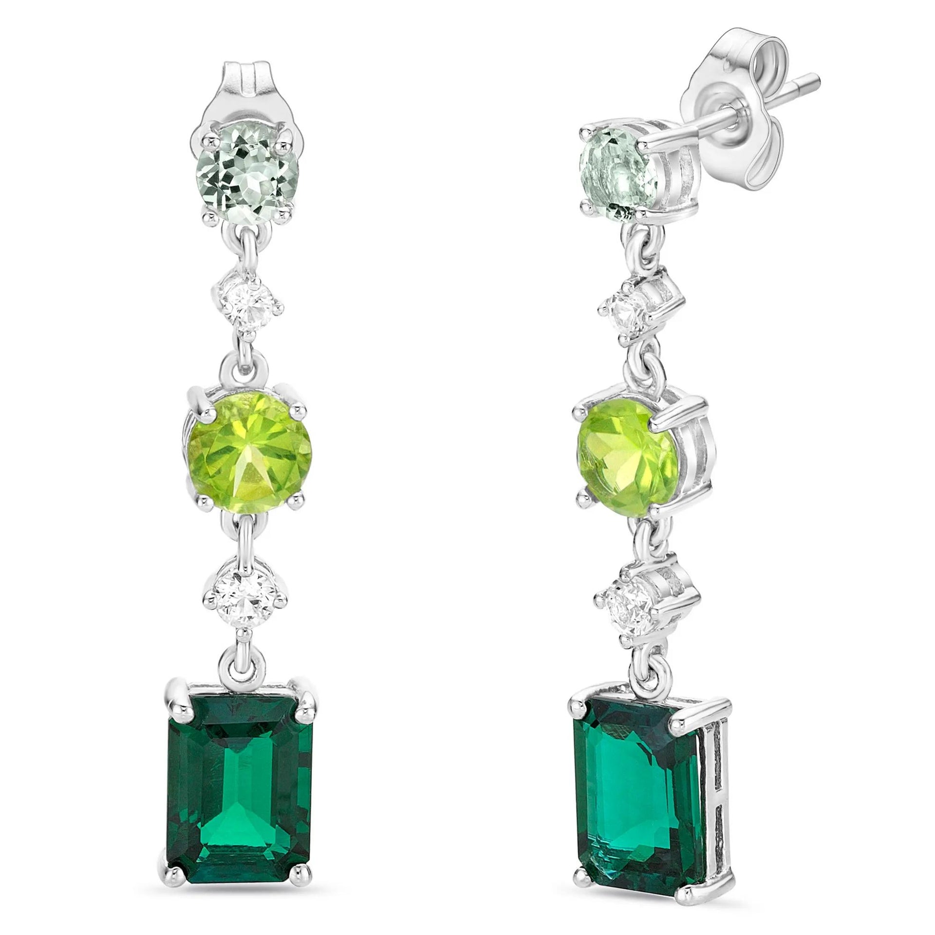 Multi-Gemstone Dangle Earrings .925 Sterling Silver White Size 7.10mm