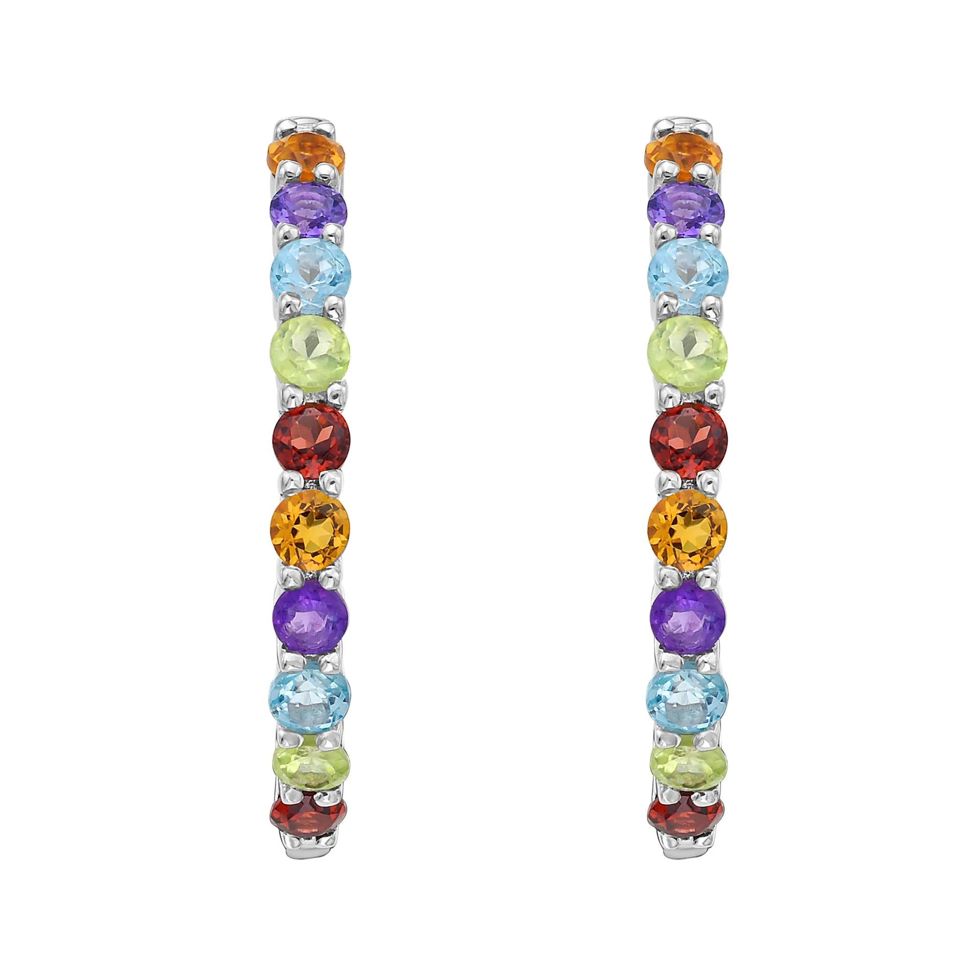 Multi-Gemstone Hoop Earrings .925 Sterling Silver White Size 25.00mm