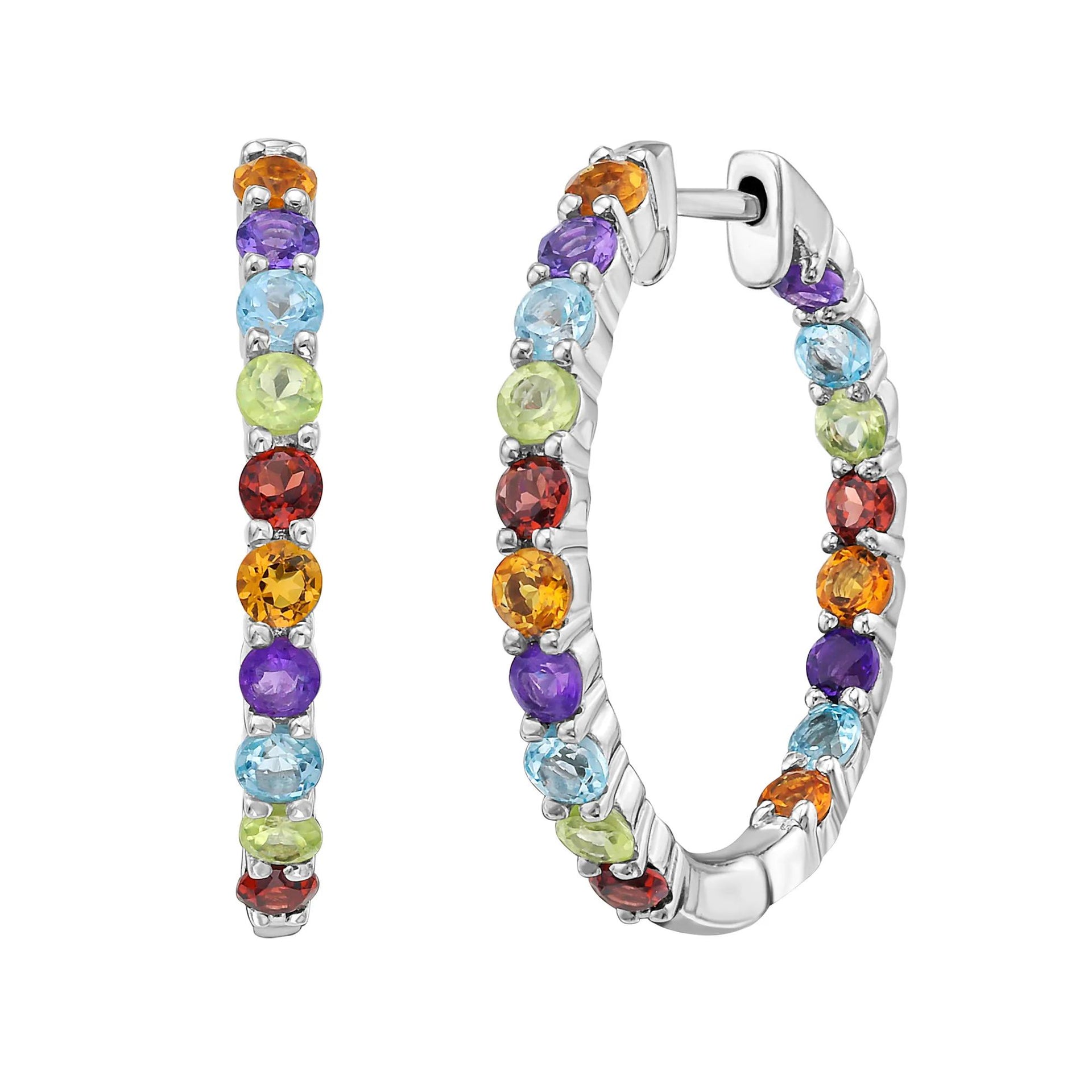 Multi-Gemstone Hoop Earrings .925 Sterling Silver White Size 25.00mm