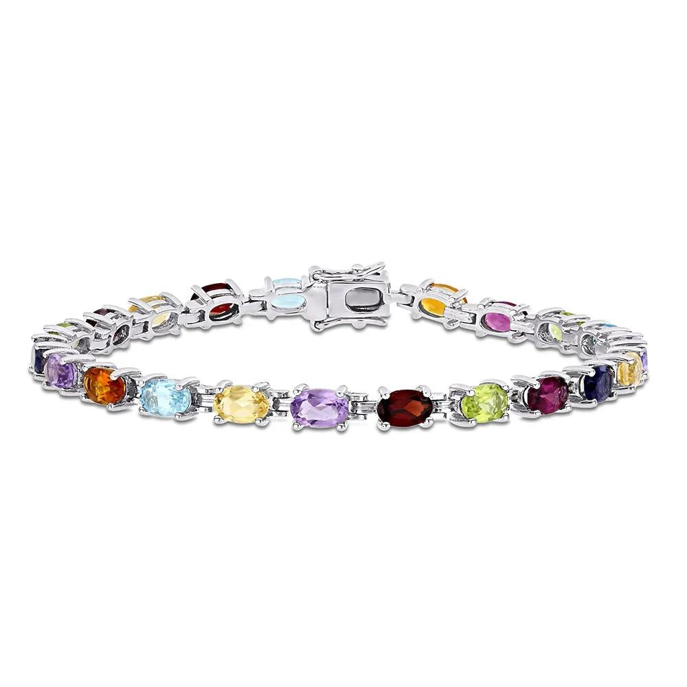Multi-Gemstone Rainbow Bracelet .925 Sterling Silver White Size 4.70mm