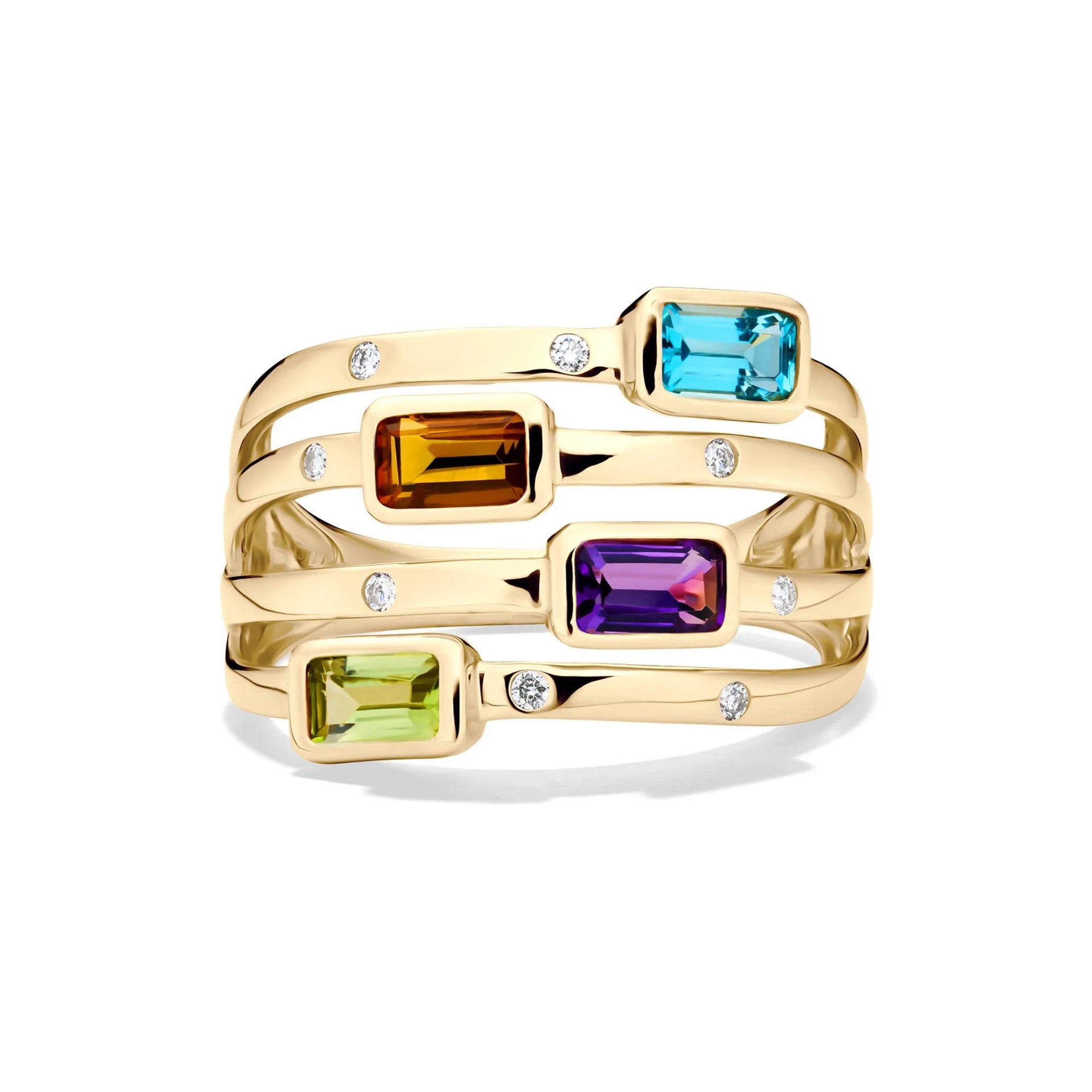 Multi-Row Gemstone and Diamond Accent Ring 14K Yellow Gold Size 8.5 2mm
