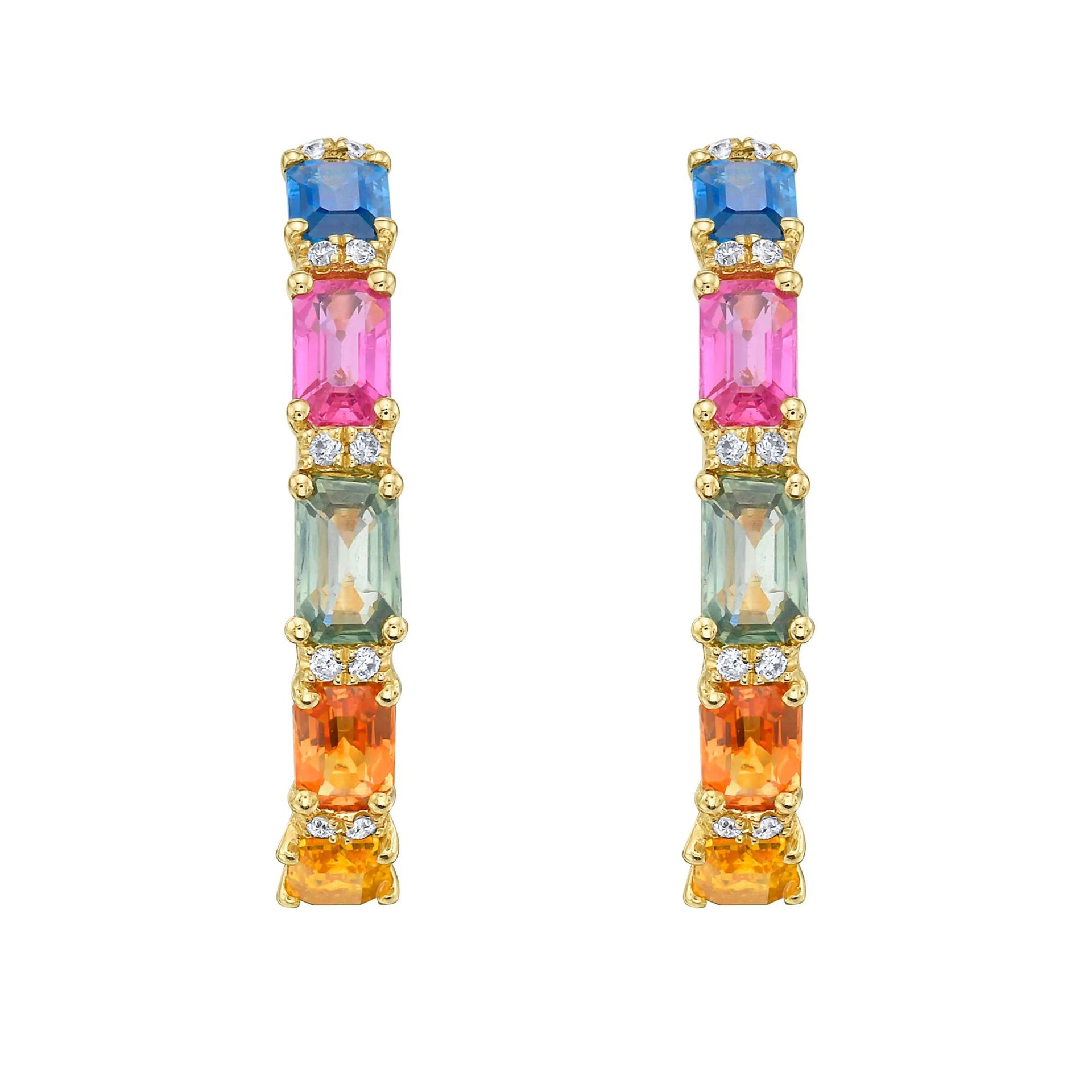 1/8 CT. Tw. Multi-Sapphire and Diamond Hoops 10K Yellow Gold Earring Size 3.50mm